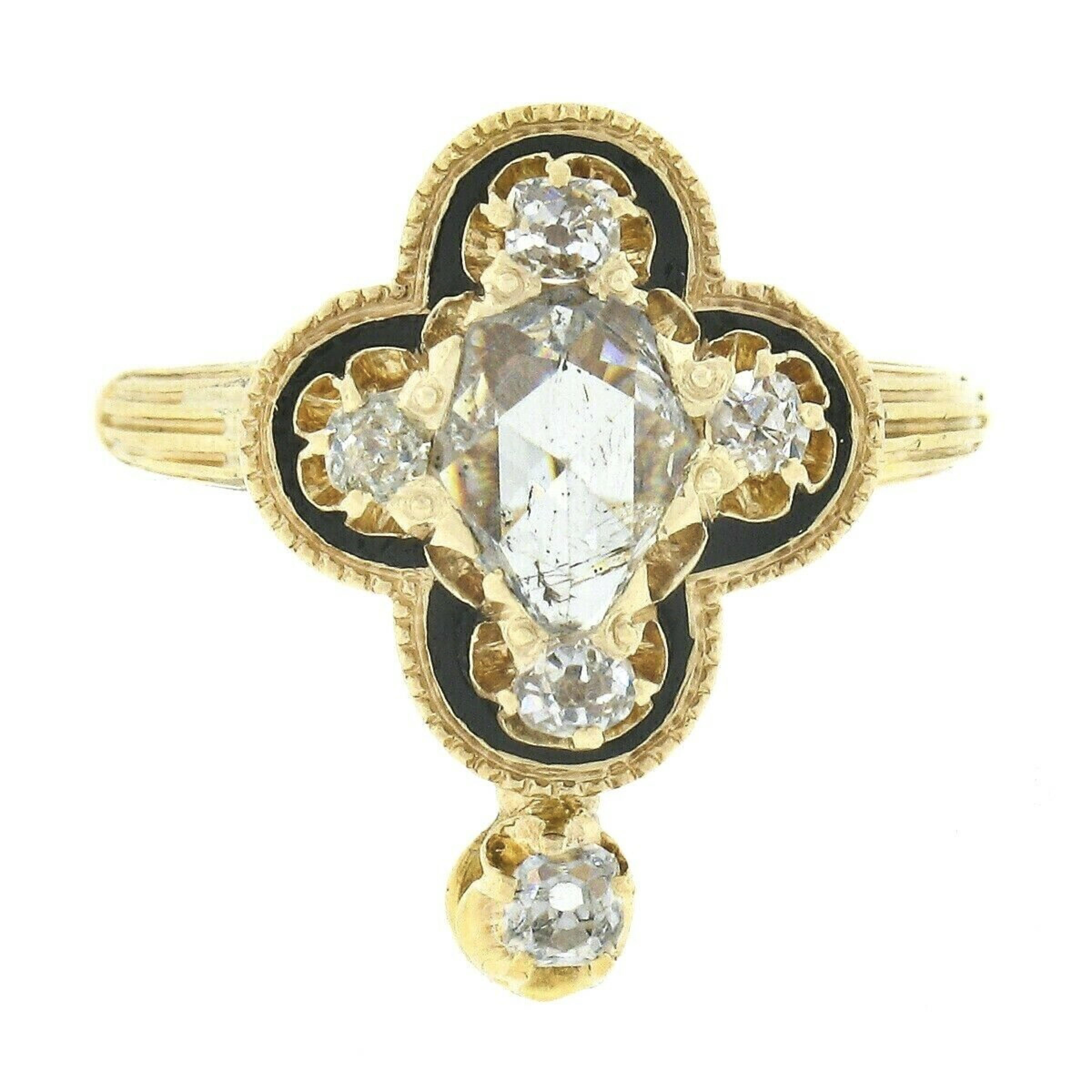 Antique Victorian 18k Gold Pear Rose Cut Diamond w/ Black Enamel Quatrefoil Ring In Good Condition In Montclair, NJ