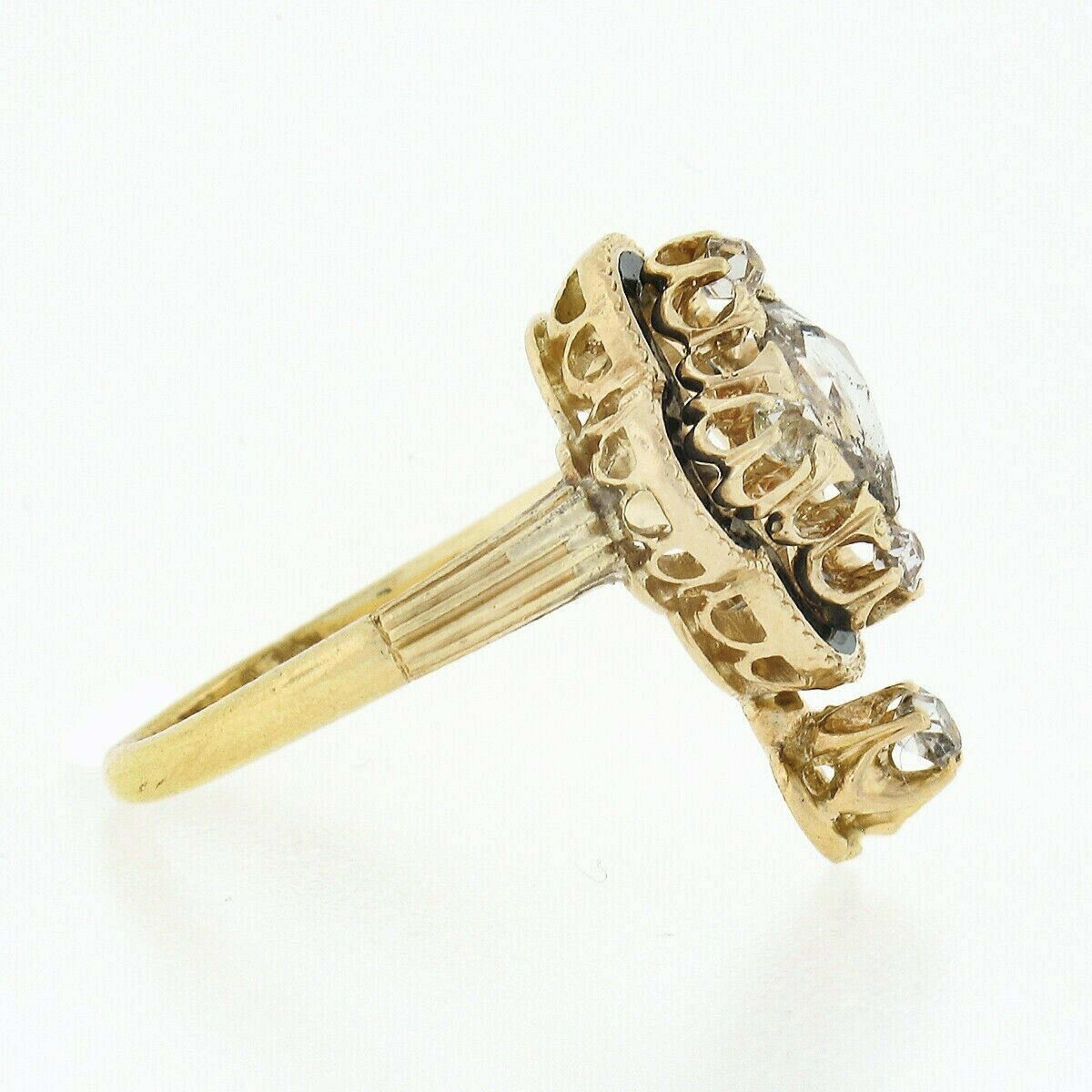 Women's Antique Victorian 18k Gold Pear Rose Cut Diamond w/ Black Enamel Quatrefoil Ring