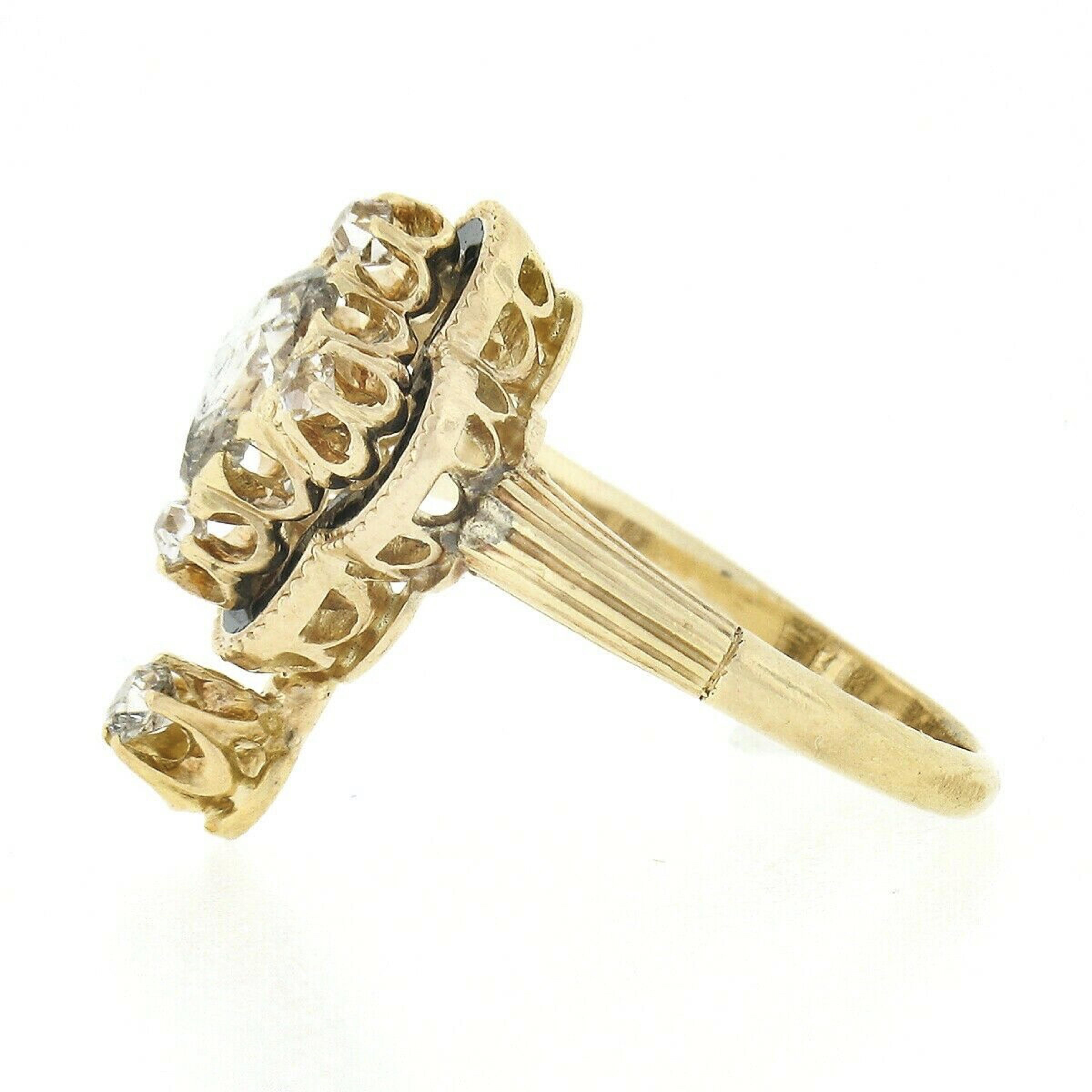 Antique Victorian 18k Gold Pear Rose Cut Diamond w/ Black Enamel Quatrefoil Ring 1