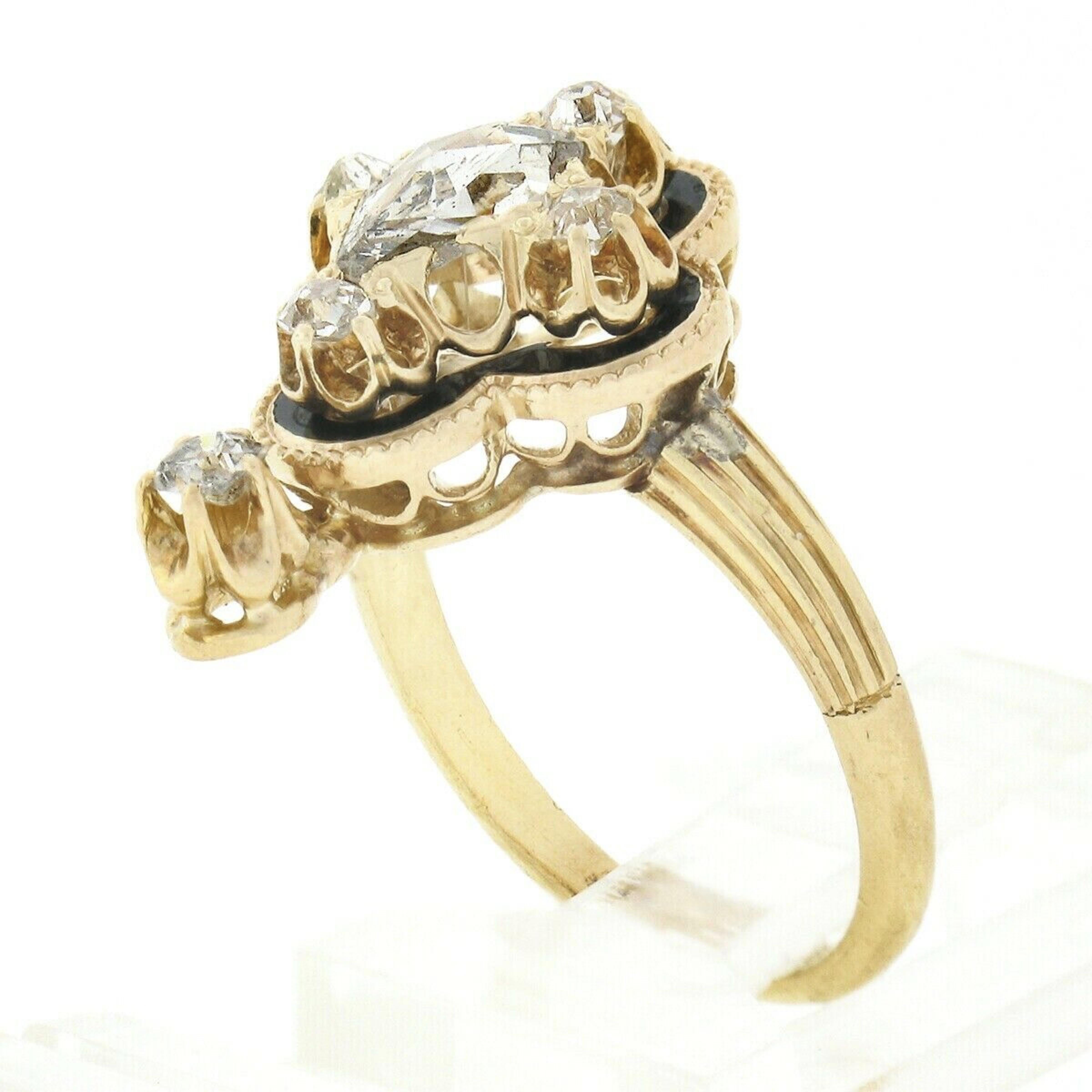 Antique Victorian 18k Gold Pear Rose Cut Diamond w/ Black Enamel Quatrefoil Ring 4
