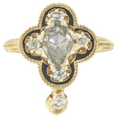 Antique Victorian 18k Gold Pear Rose Cut Diamond w/ Black Enamel Quatrefoil Ring