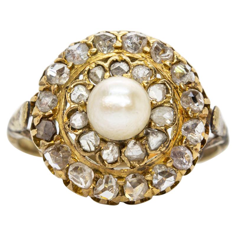 Antique Victorian 18 Karat Gold Pearl and Diamonds Ring