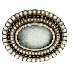 Antique Victorian 18k Gold Pearl & Black Enamel Oval Mourning Brooch Pin Pendant