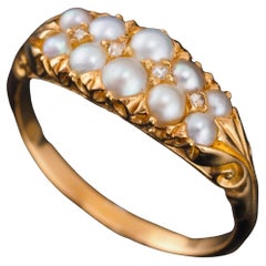 Antique Victorian 18K Gold Pearl 
Diamond Ring with Two Rows - c.1880