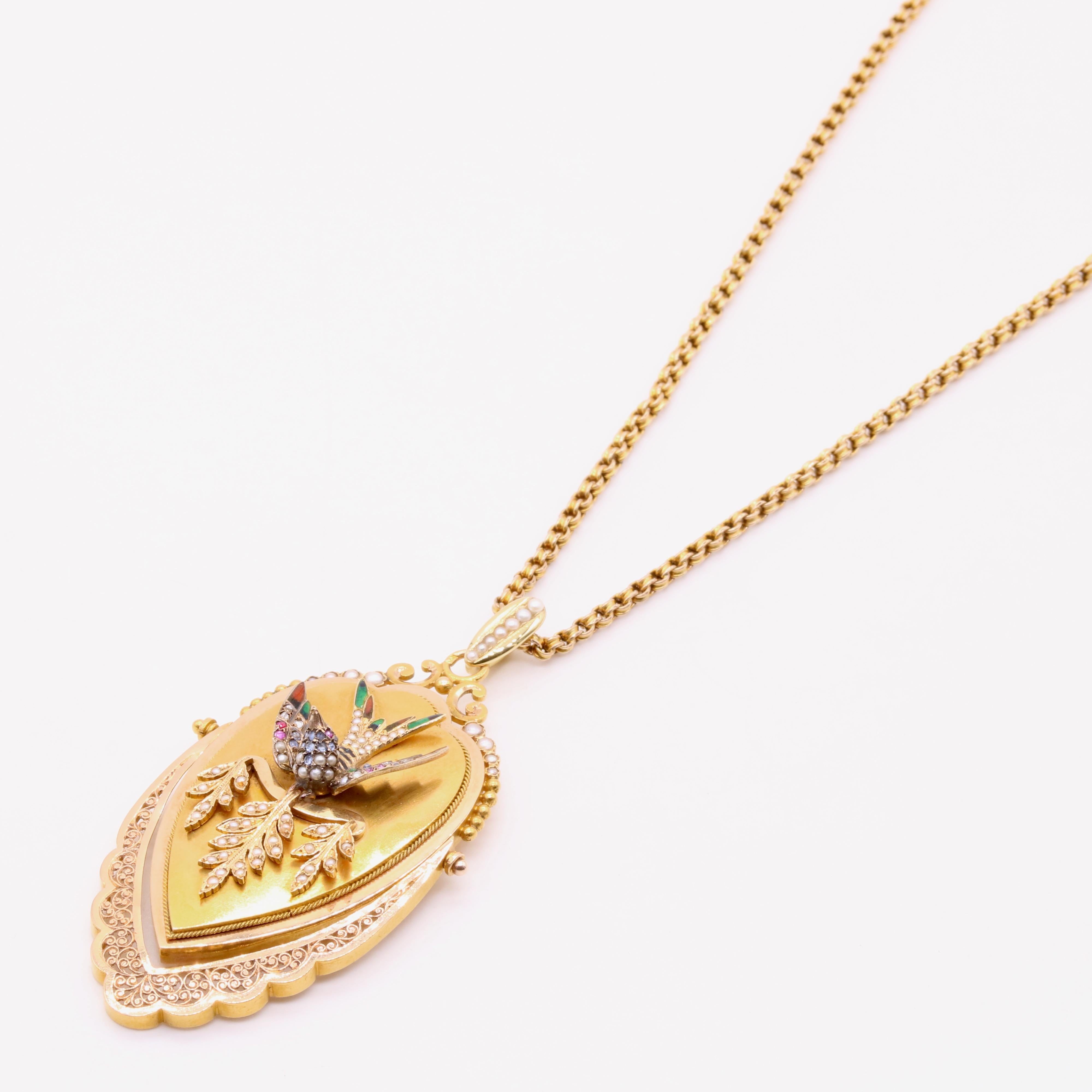 Antique Victorian 18K Gold Pearl, Diamond, Sapphire, Ruby & Enamel Bird Locket For Sale 5