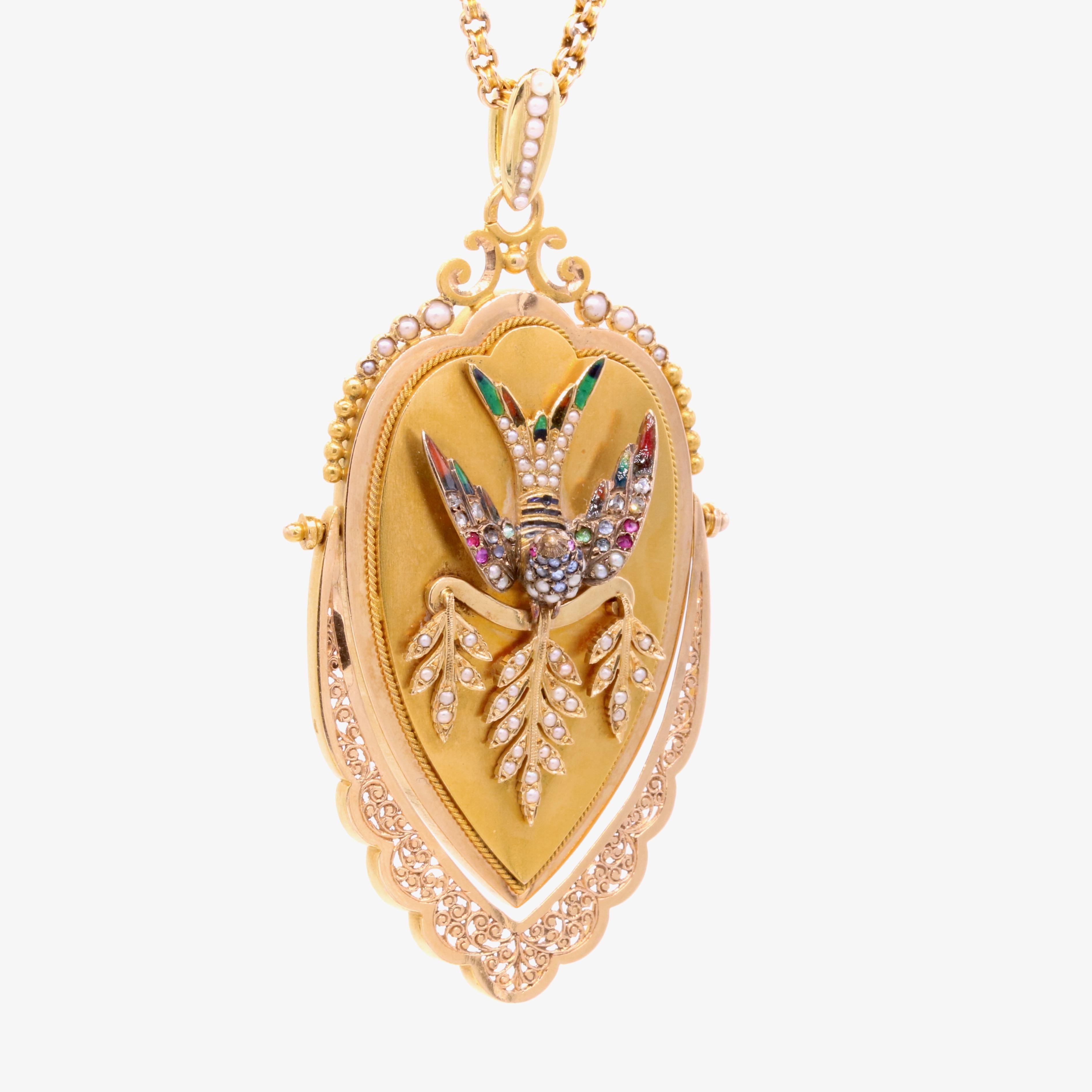 Antique Victorian 18K Gold Pearl, Diamond, Sapphire, Ruby & Enamel Bird Locket For Sale 6