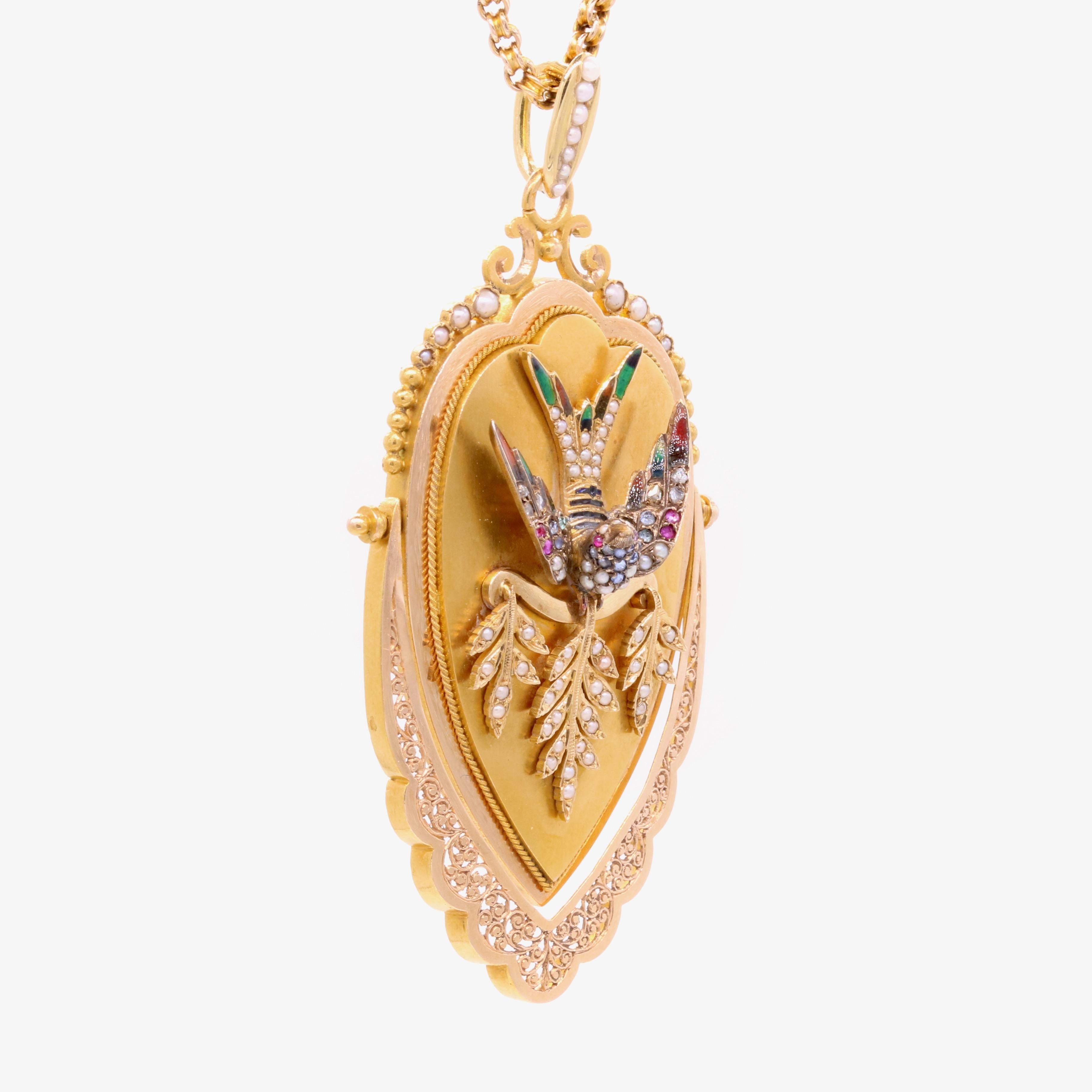 Antique Victorian 18K Gold Pearl, Diamond, Sapphire, Ruby & Enamel Bird Locket For Sale 7