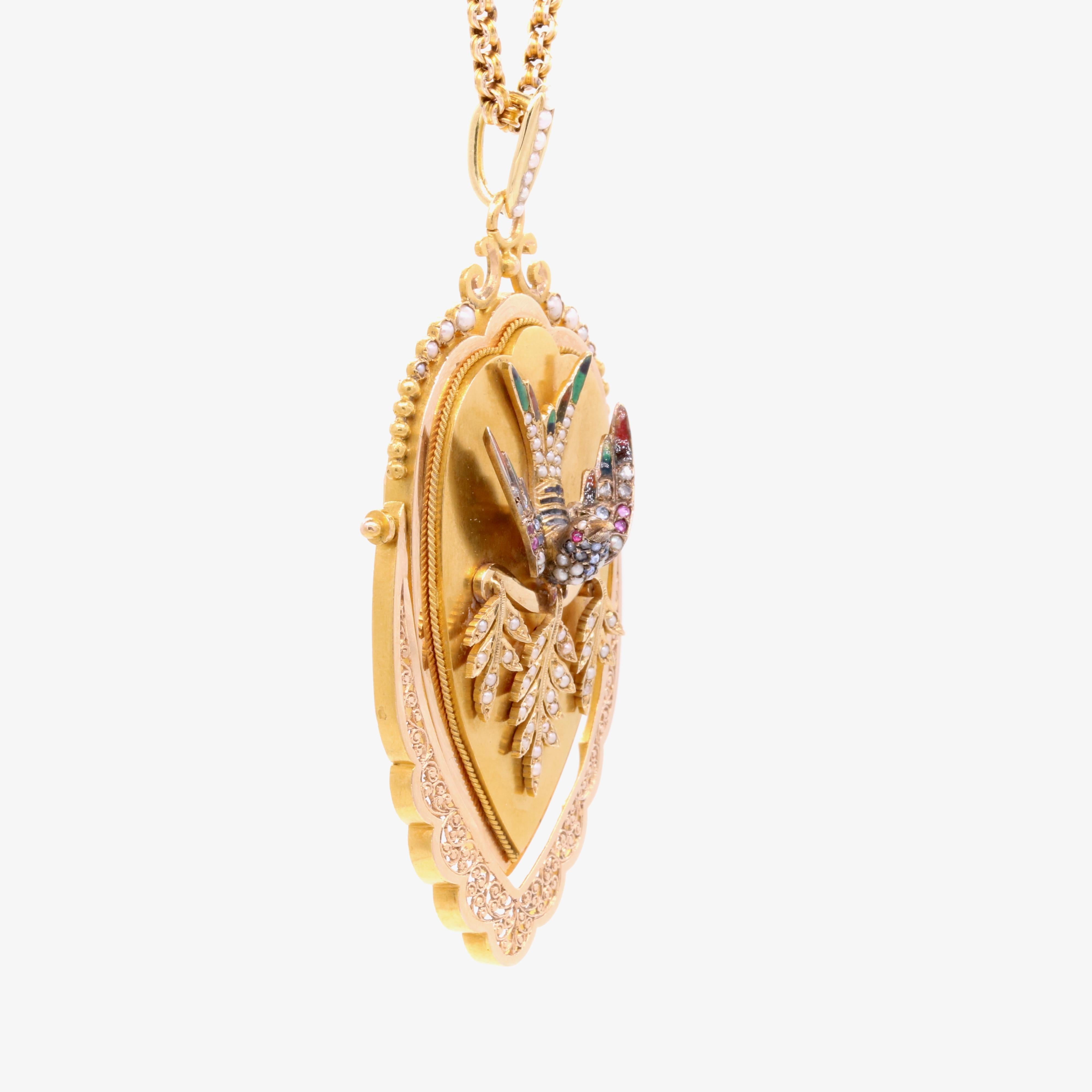 Antique Victorian 18K Gold Pearl, Diamond, Sapphire, Ruby & Enamel Bird Locket For Sale 8
