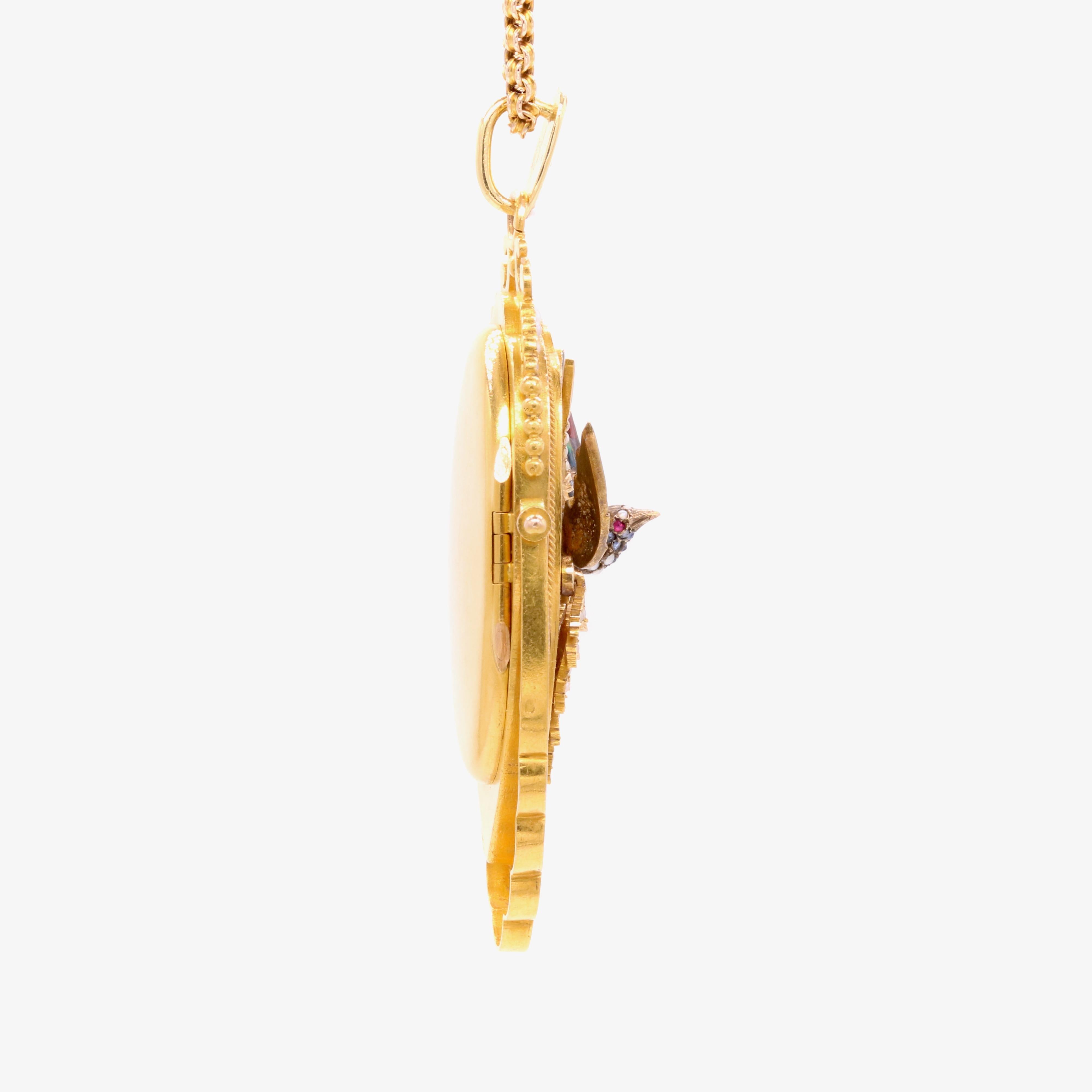 Antique Victorian 18K Gold Pearl, Diamond, Sapphire, Ruby & Enamel Bird Locket For Sale 10