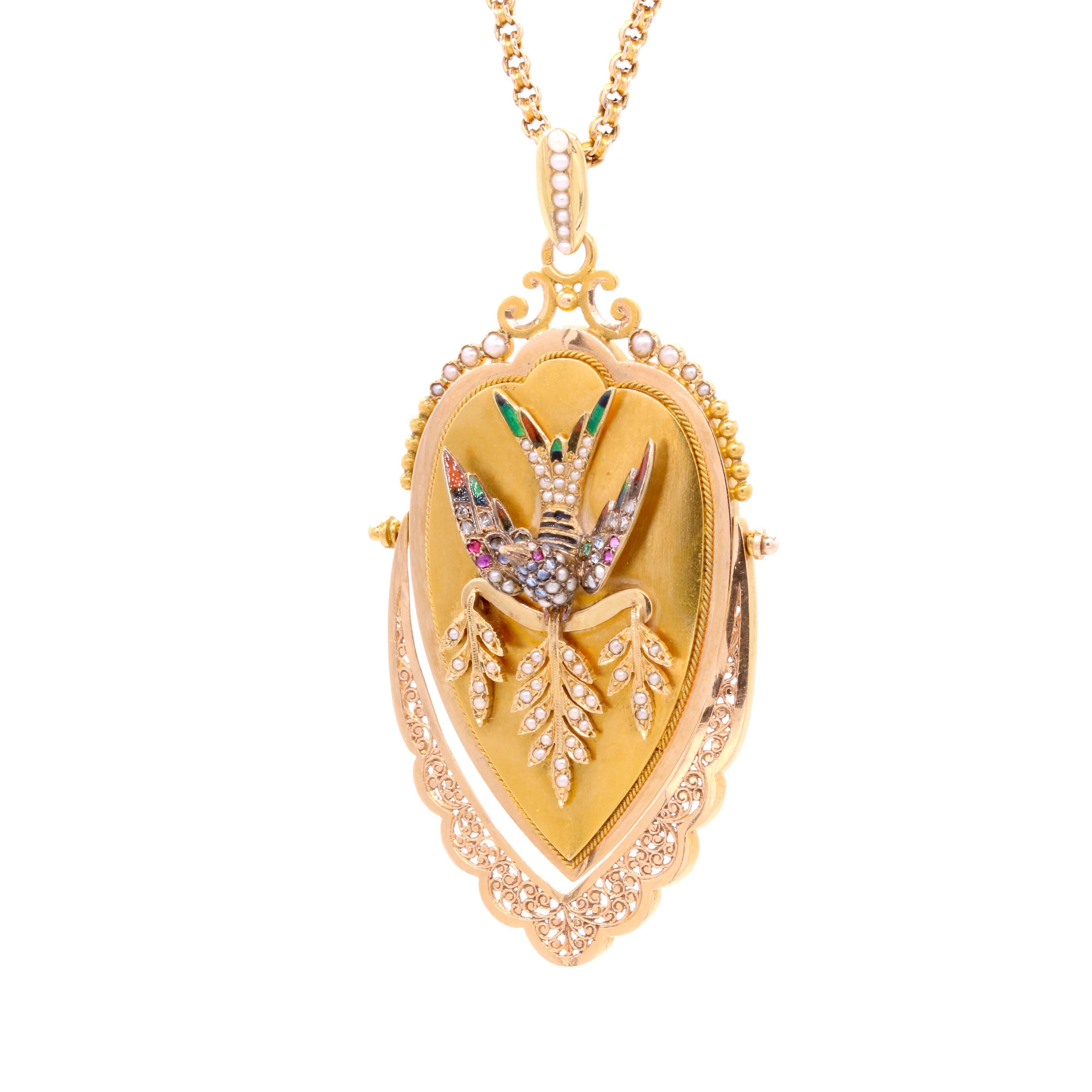Antique Victorian 18K Gold Pearl, Diamond, Sapphire, Ruby & Enamel Bird Locket For Sale 11