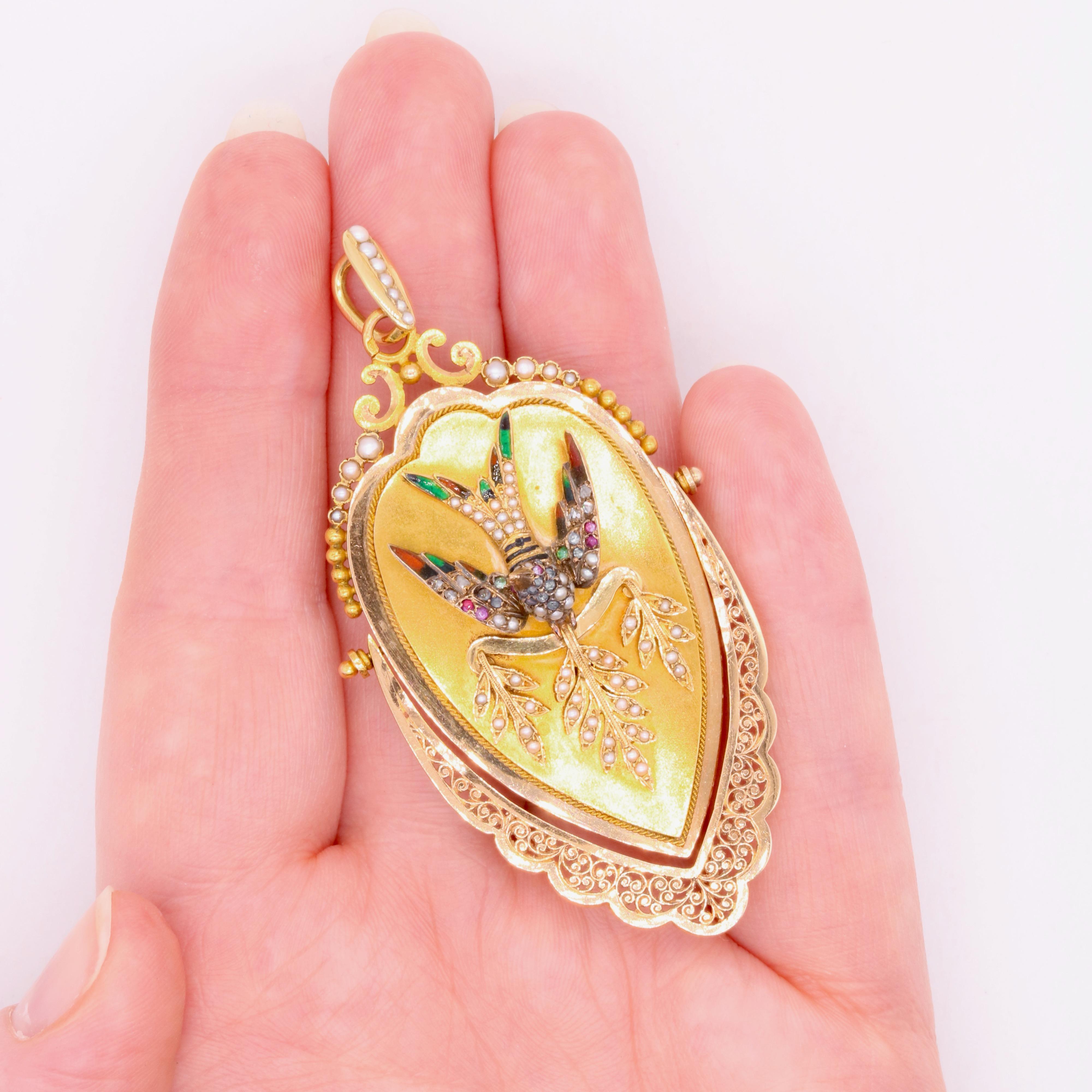 Antique Victorian 18K Gold Pearl, Diamond, Sapphire, Ruby & Enamel Bird Locket For Sale 12