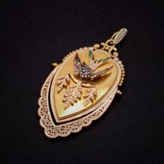 Antique Victorian 18K Gold Pearl, Diamond, Sapphire, Ruby & Enamel Bird Locket