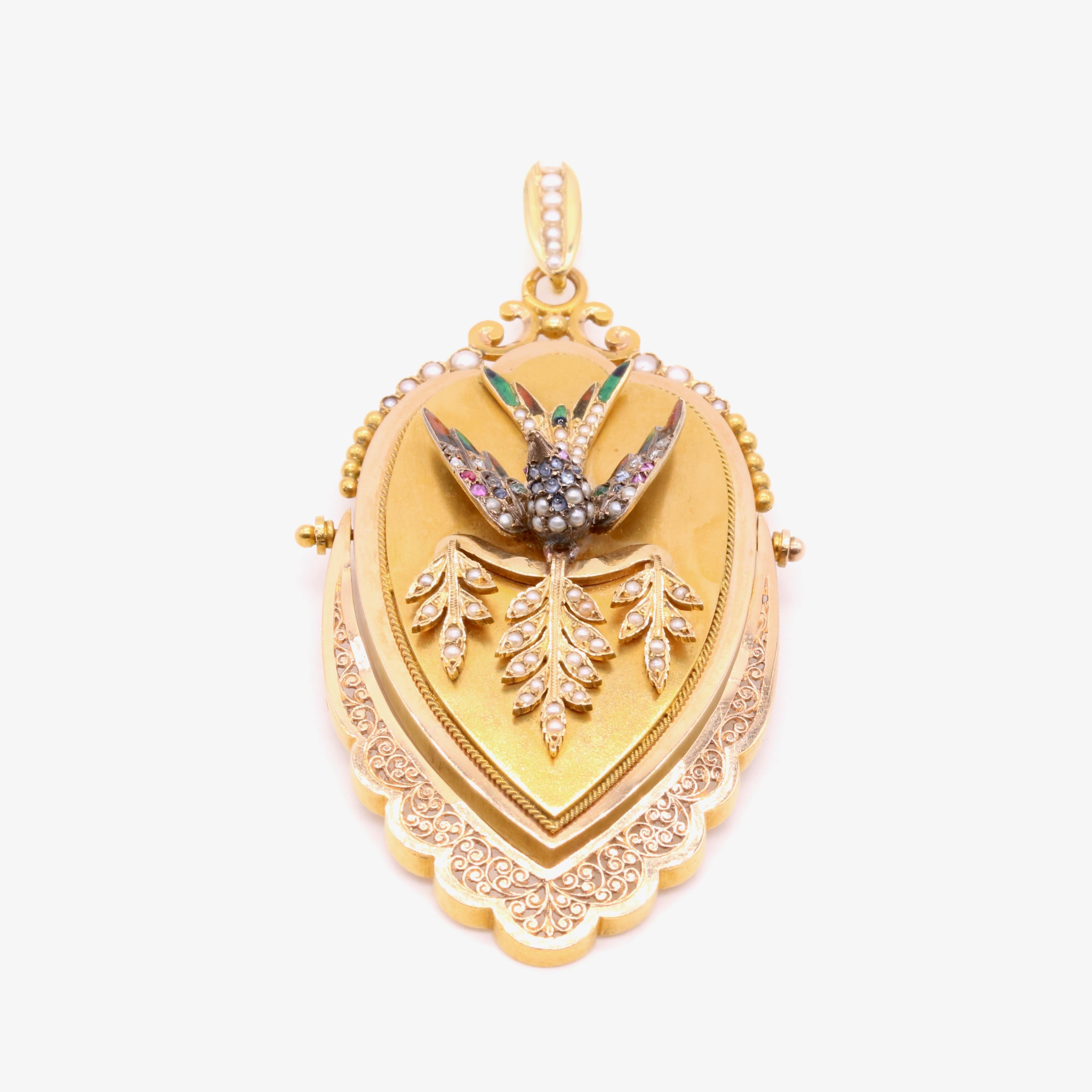 Round Cut Antique Victorian 18K Gold Pearl, Diamond, Sapphire, Ruby & Enamel Bird Locket For Sale