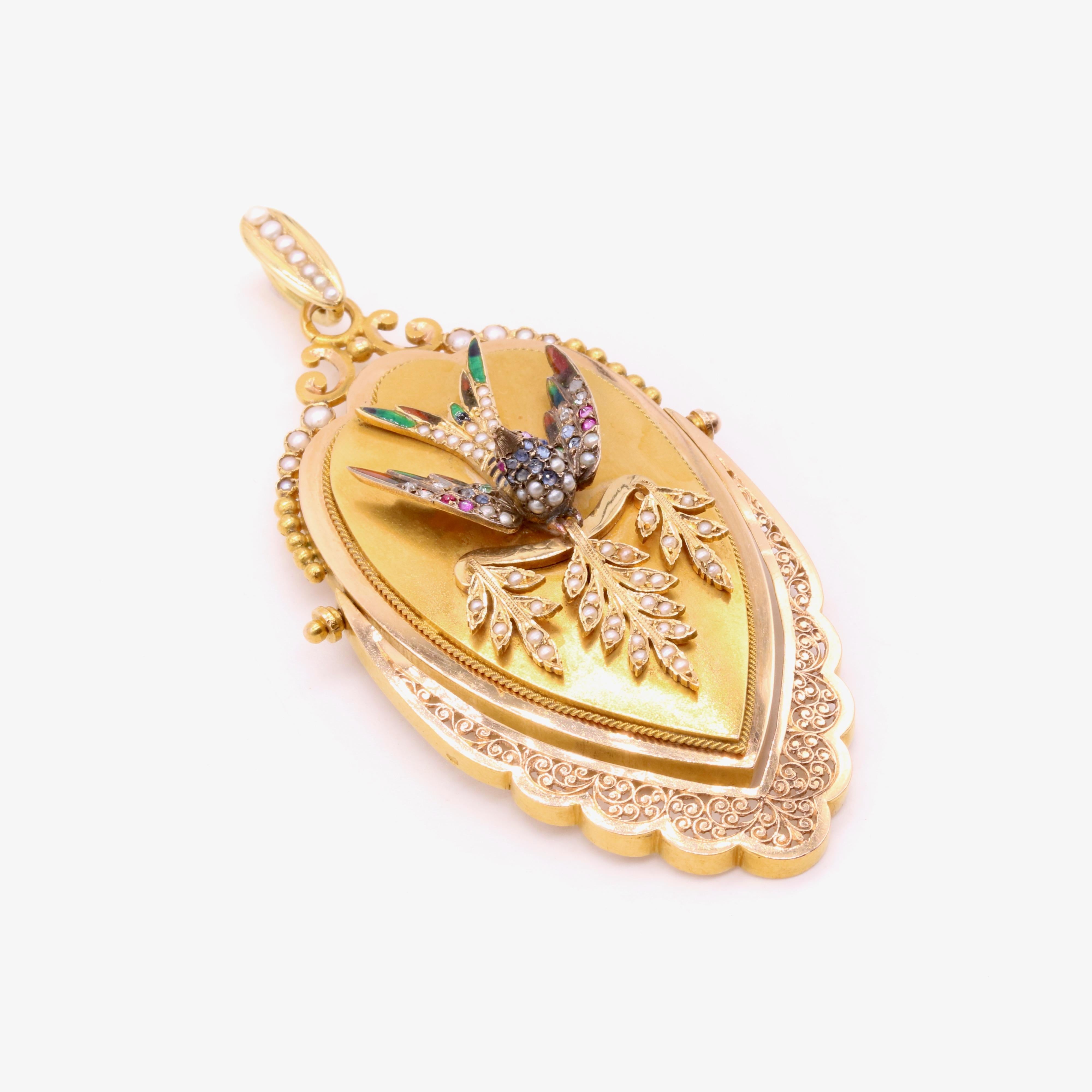Women's or Men's Antique Victorian 18K Gold Pearl, Diamond, Sapphire, Ruby & Enamel Bird Locket For Sale