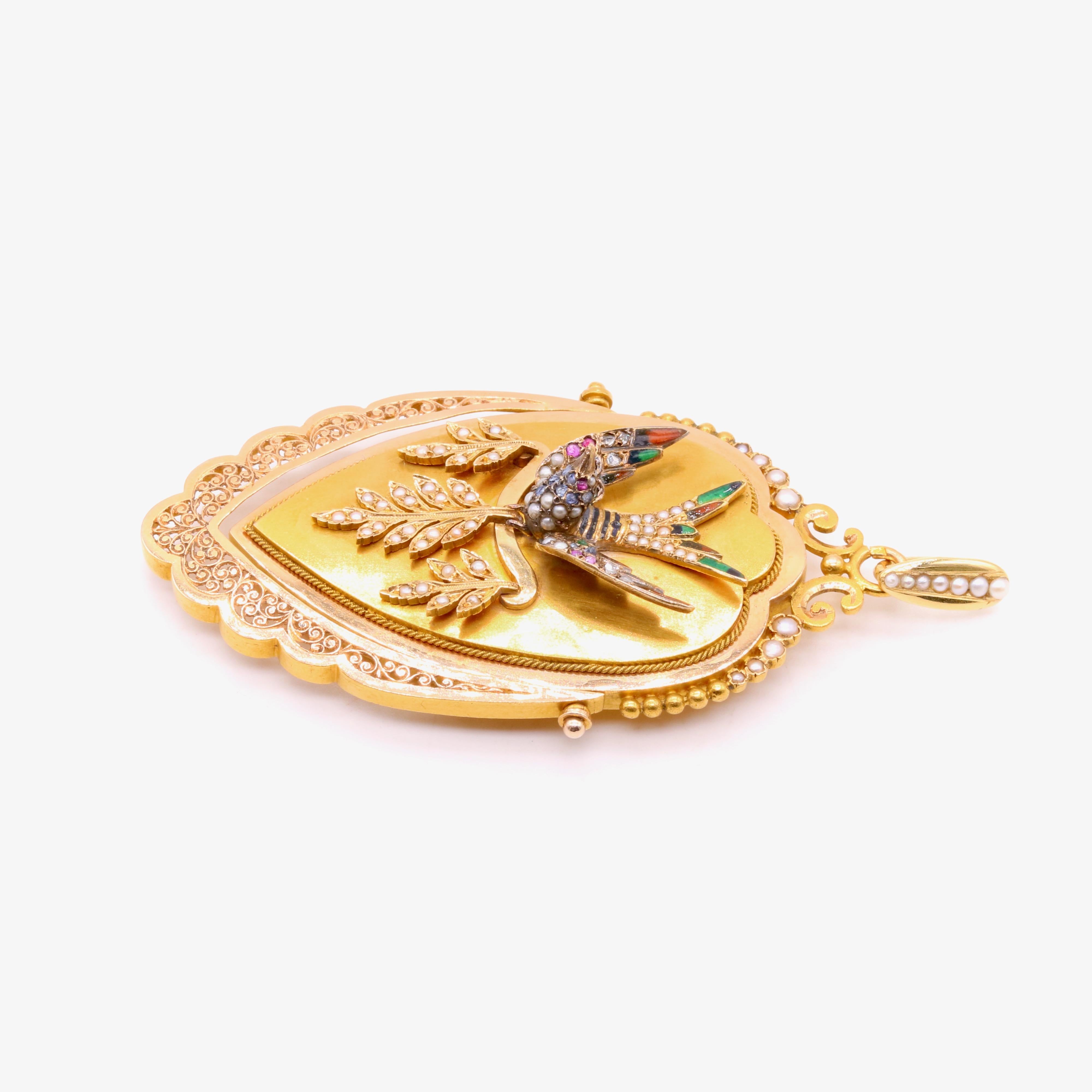 Women's or Men's Antique Victorian 18K Gold Pearl, Diamond, Sapphire, Ruby & Enamel Bird Locket