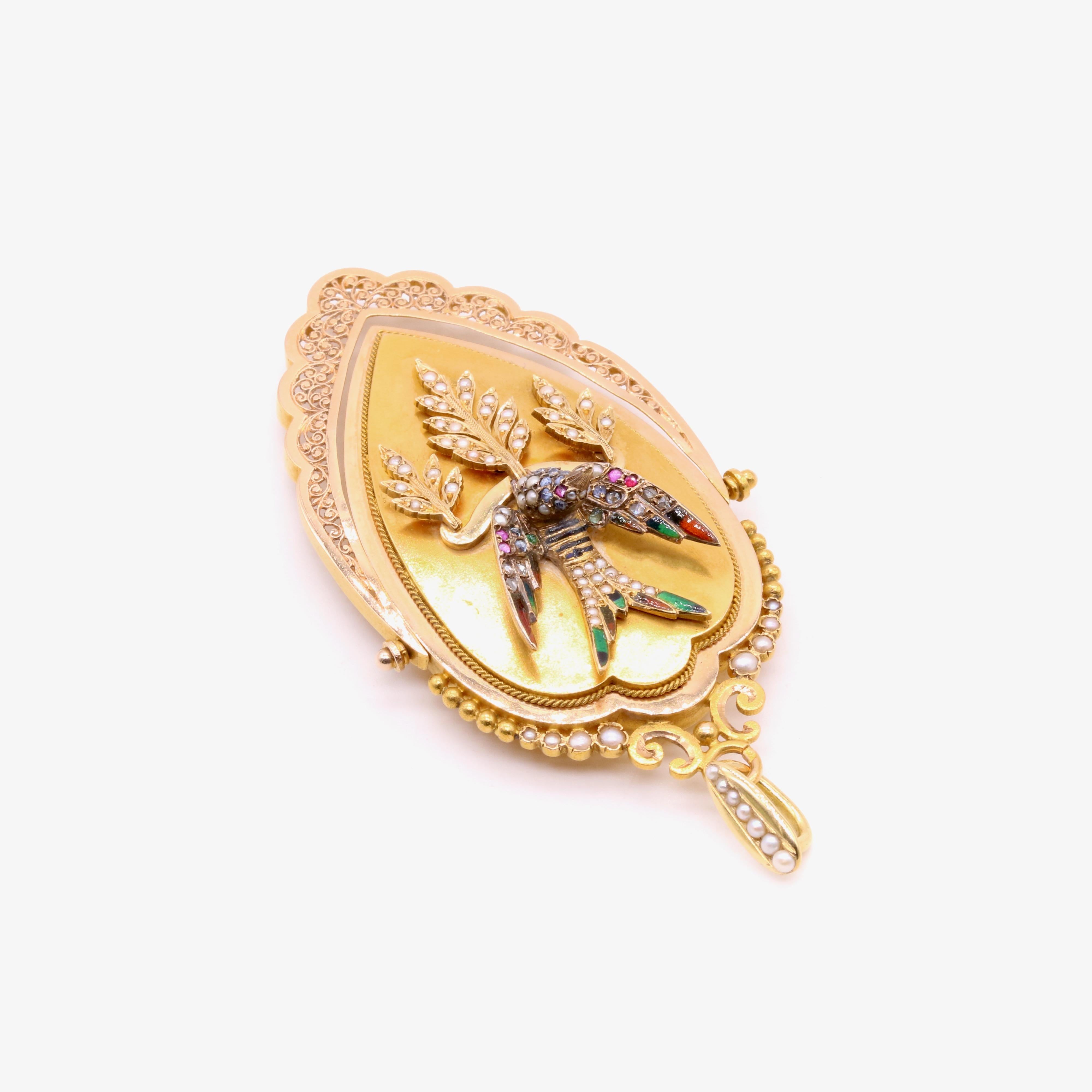 Antique Victorian 18K Gold Pearl, Diamond, Sapphire, Ruby & Enamel Bird Locket For Sale 2