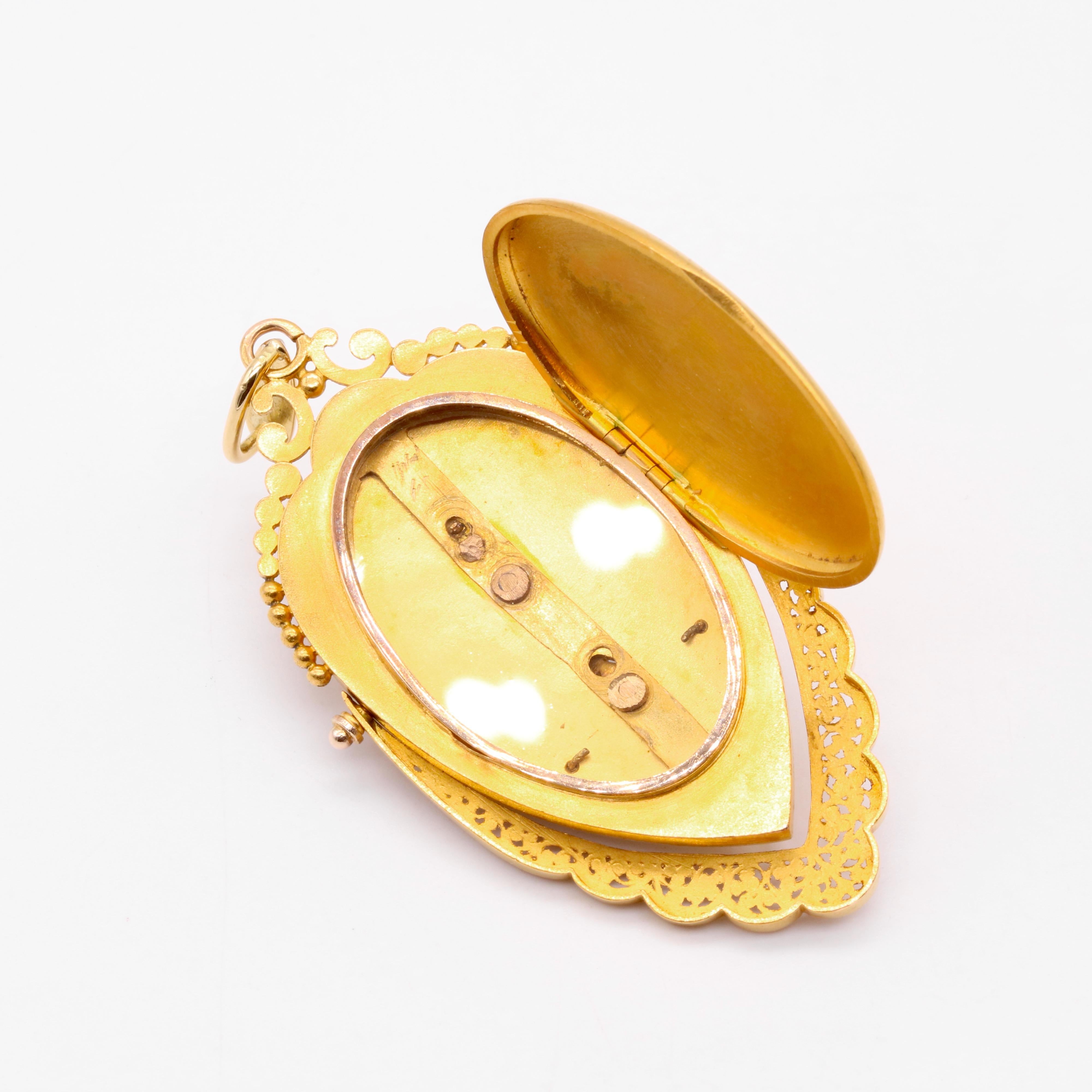 Antique Victorian 18K Gold Pearl, Diamond, Sapphire, Ruby & Enamel Bird Locket For Sale 2