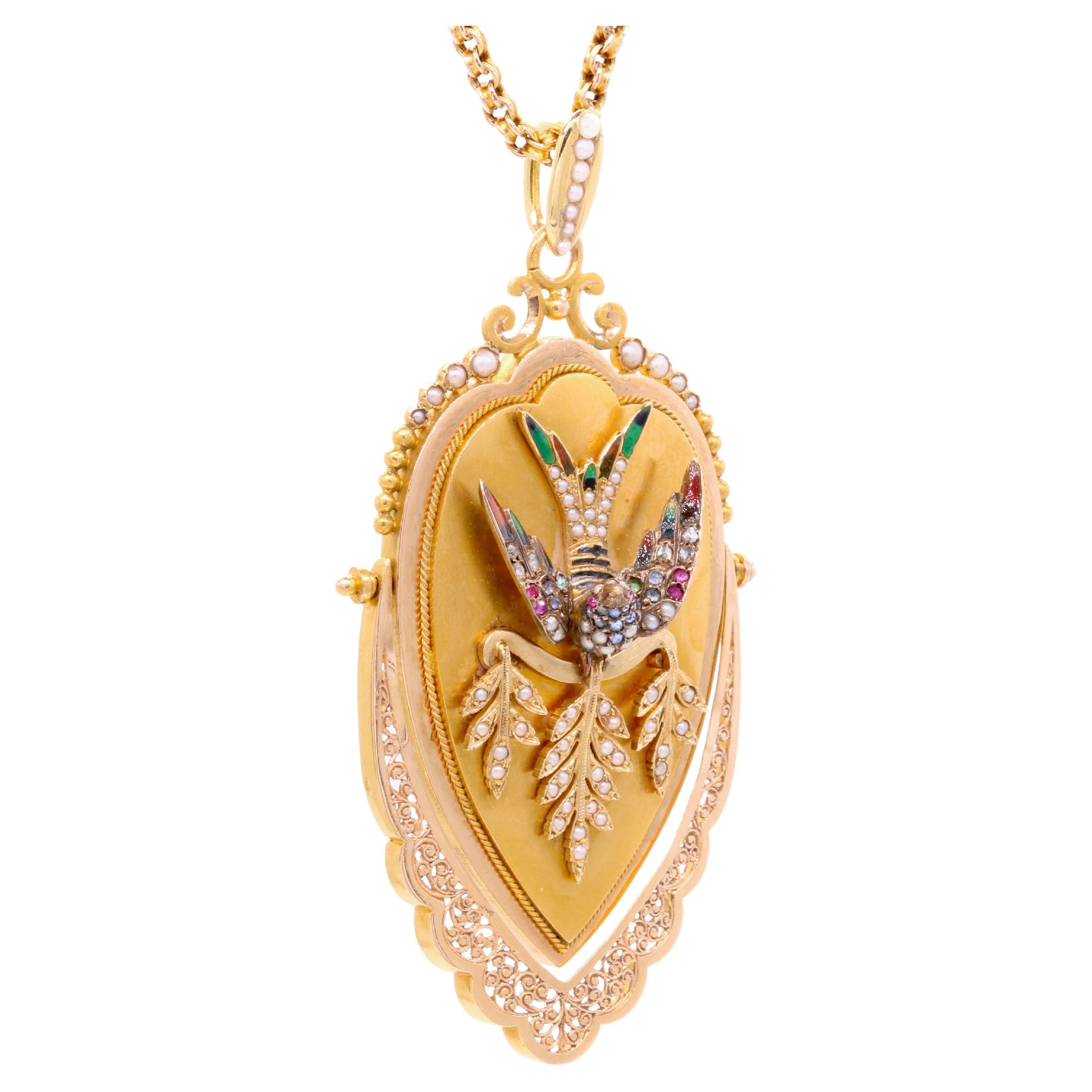 Antique Victorian 18K Gold Pearl, Diamond, Sapphire, Ruby & Enamel Bird Locket For Sale