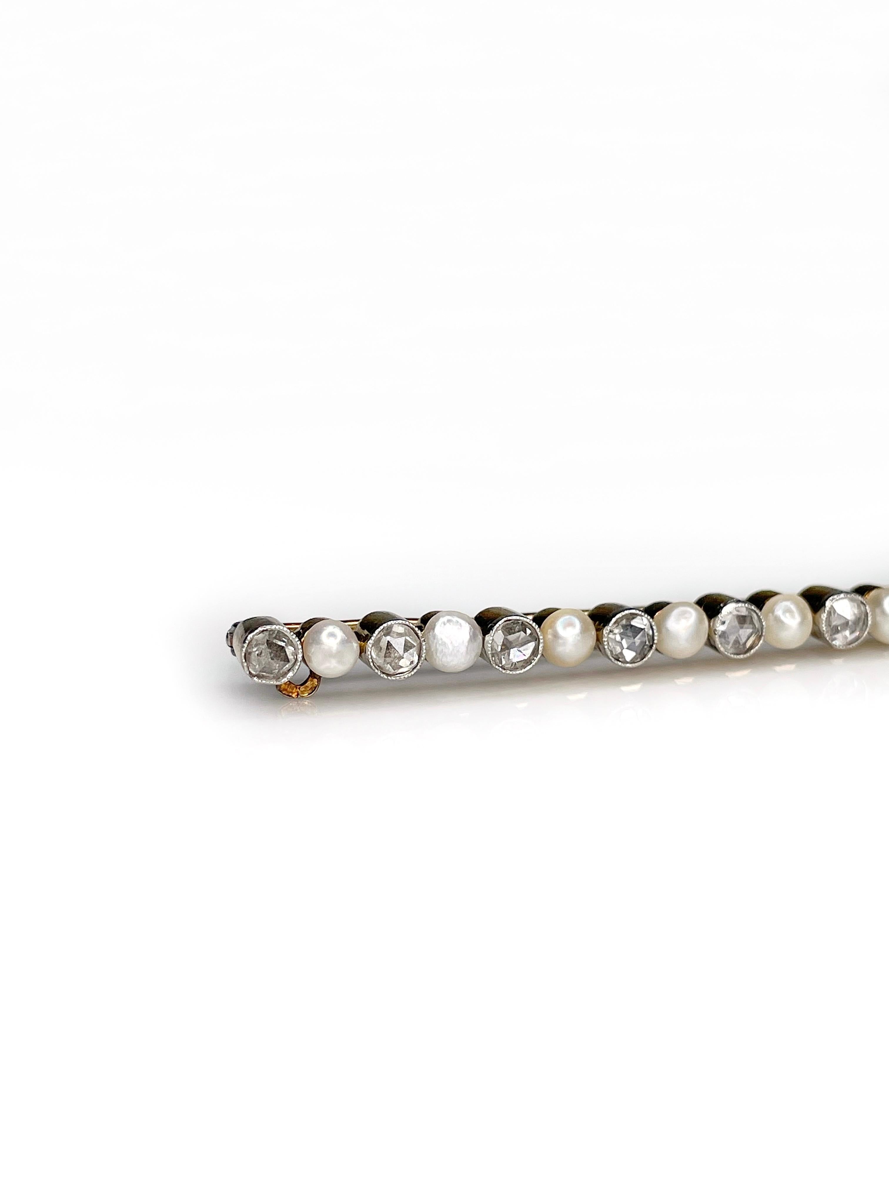 This brooch dating from Victorian period is crafted in 18K yellow gold. It features 11 rose cut diamonds, which in total weight 0.50ct. The gems are accompanied with 10 cultured pearls. 

Diamonds and pearls are beautifully set in a pretty