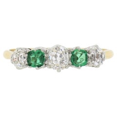 Antique Victorian 18k Gold & Platinum 1.04ct Emerald & Diamond 5 Stone Band Ring