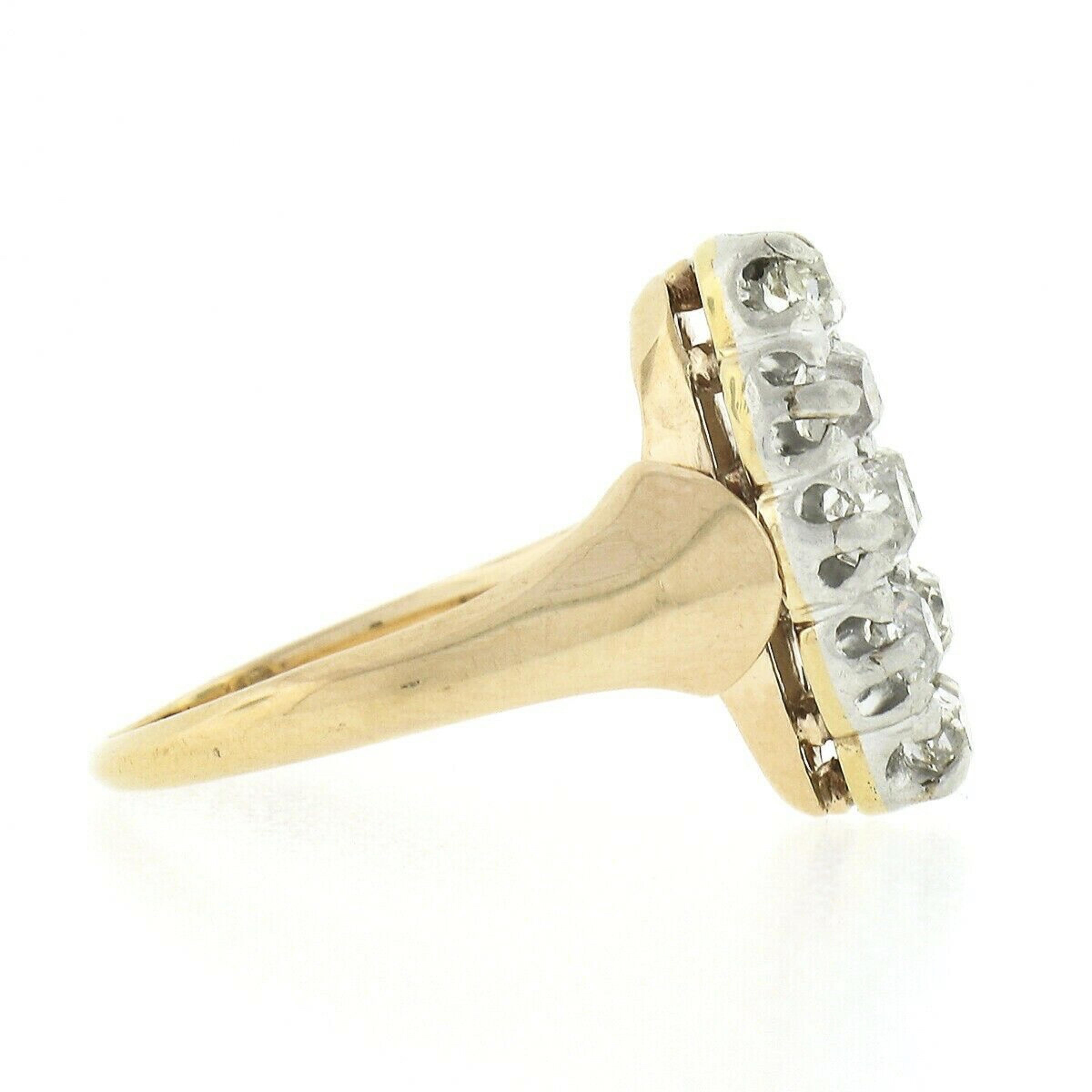Antique Victorian 18k Gold & Platinum 1.20ctw Old Mine Pave Diamond Navette Ring In Good Condition For Sale In Montclair, NJ