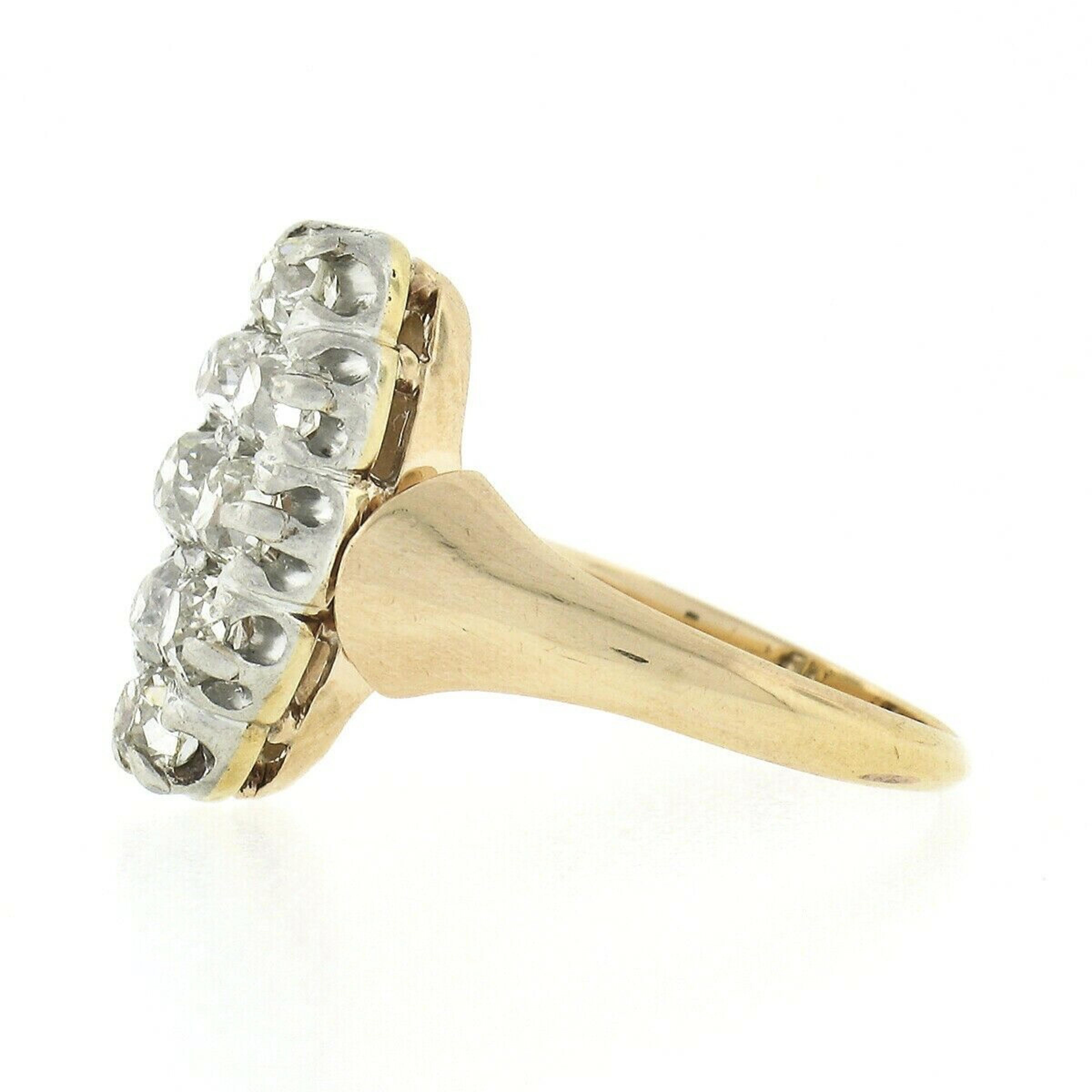 Women's Antique Victorian 18k Gold & Platinum 1.20ctw Old Mine Pave Diamond Navette Ring For Sale