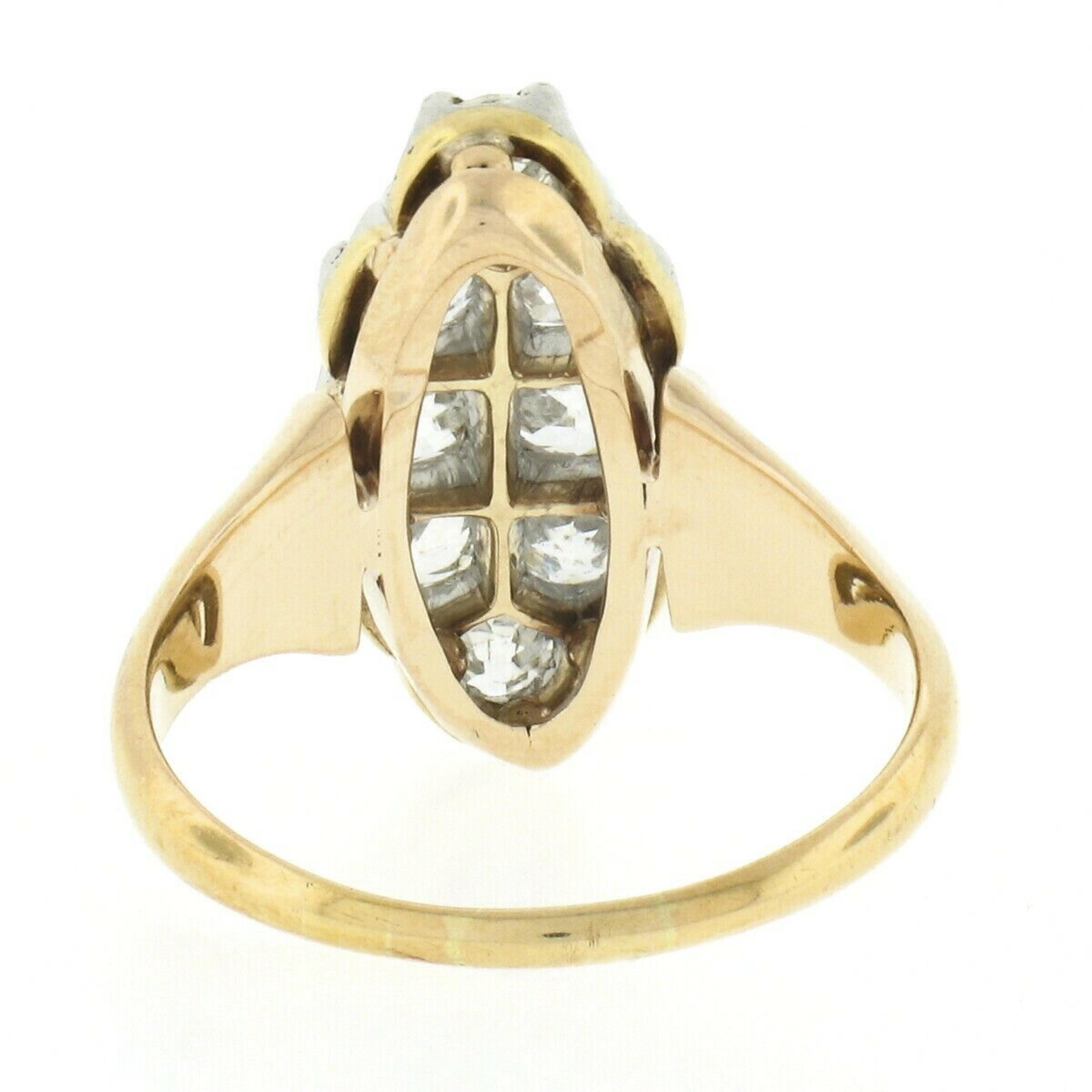Antique Victorian 18k Gold & Platinum 1.20ctw Old Mine Pave Diamond Navette Ring For Sale 1