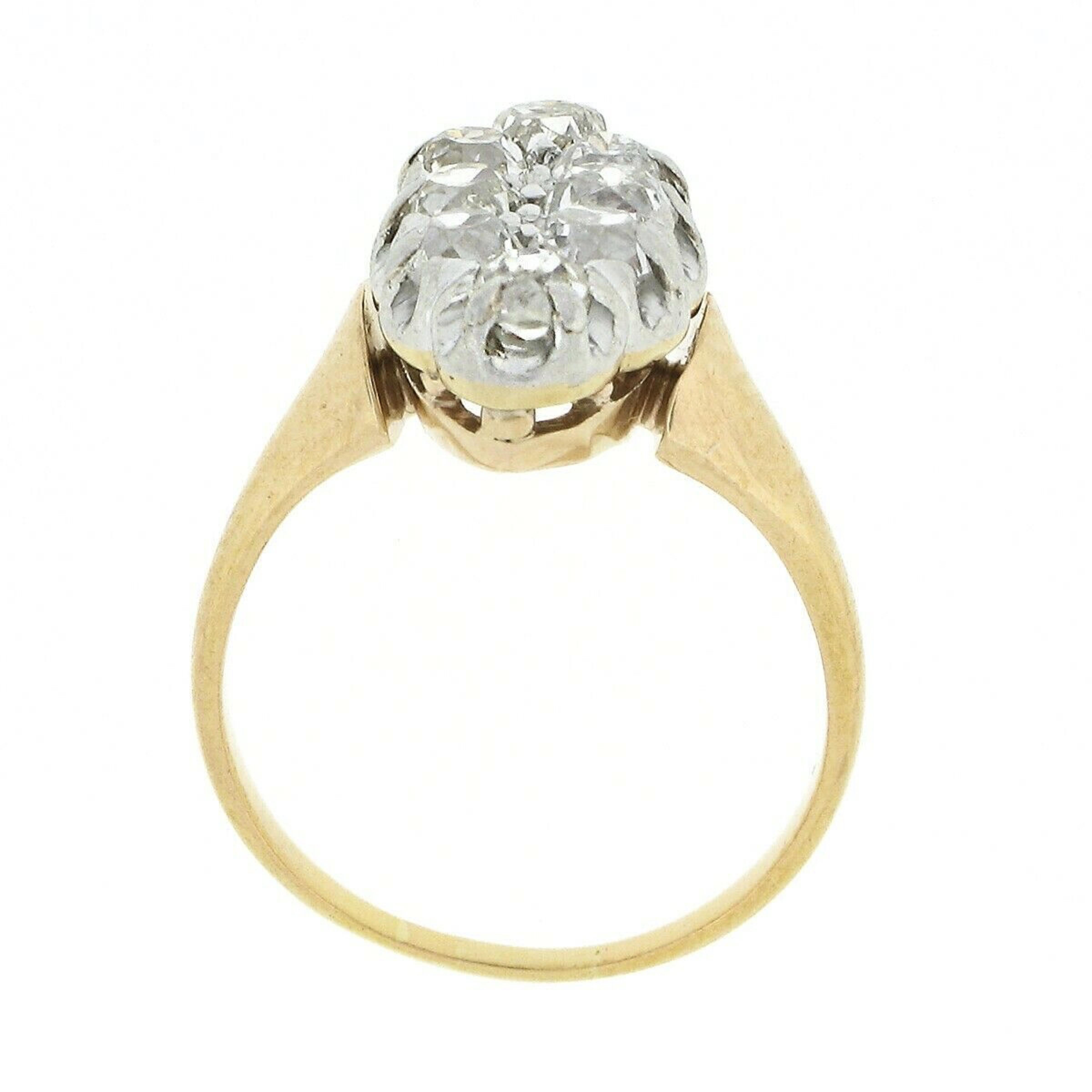 Antique Victorian 18k Gold & Platinum 1.20ctw Old Mine Pave Diamond Navette Ring For Sale 2