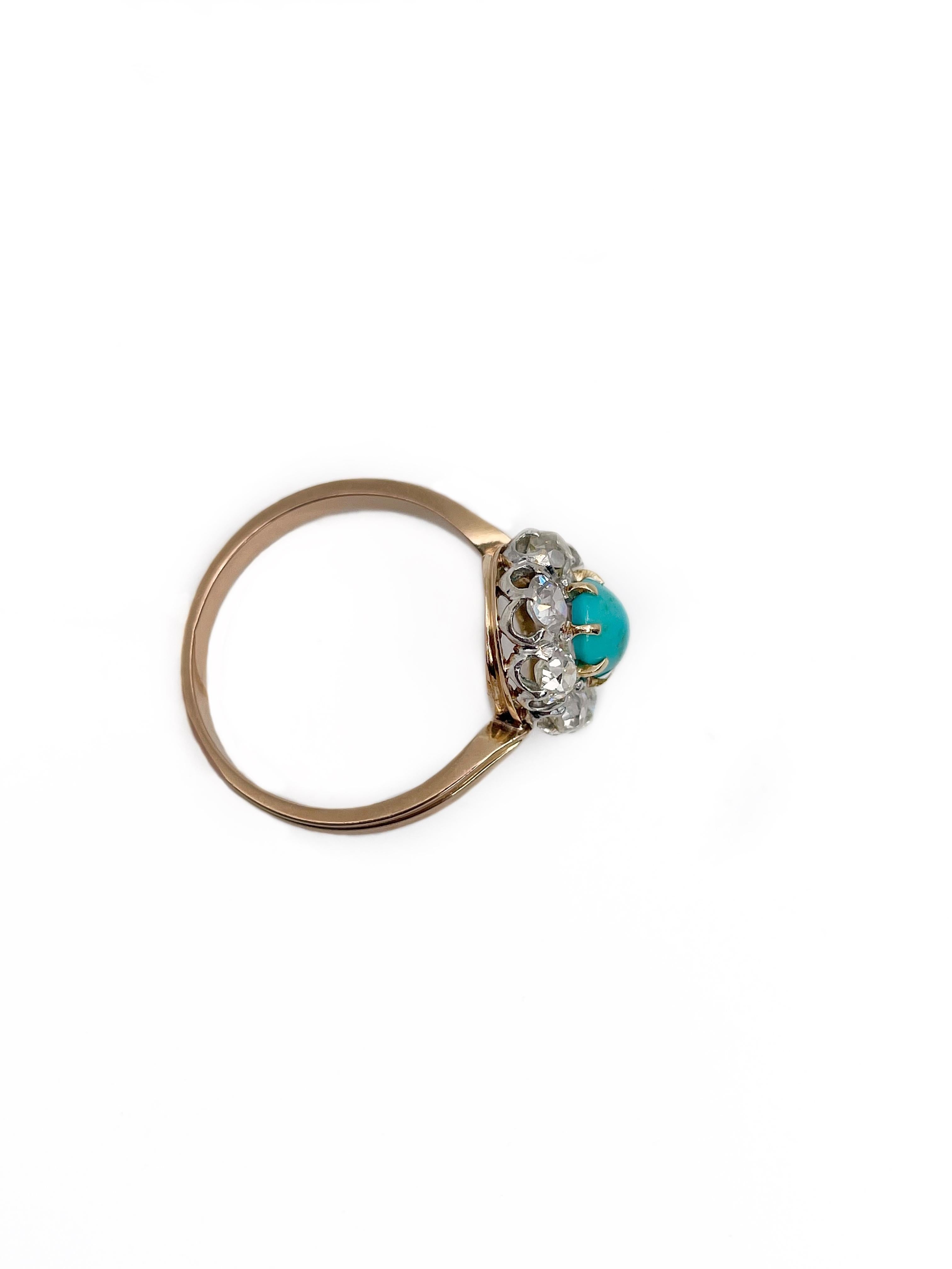 Old European Cut Antique Victorian 18K Gold Platinum Turquoise Old Cut Diamond Cluster Ring