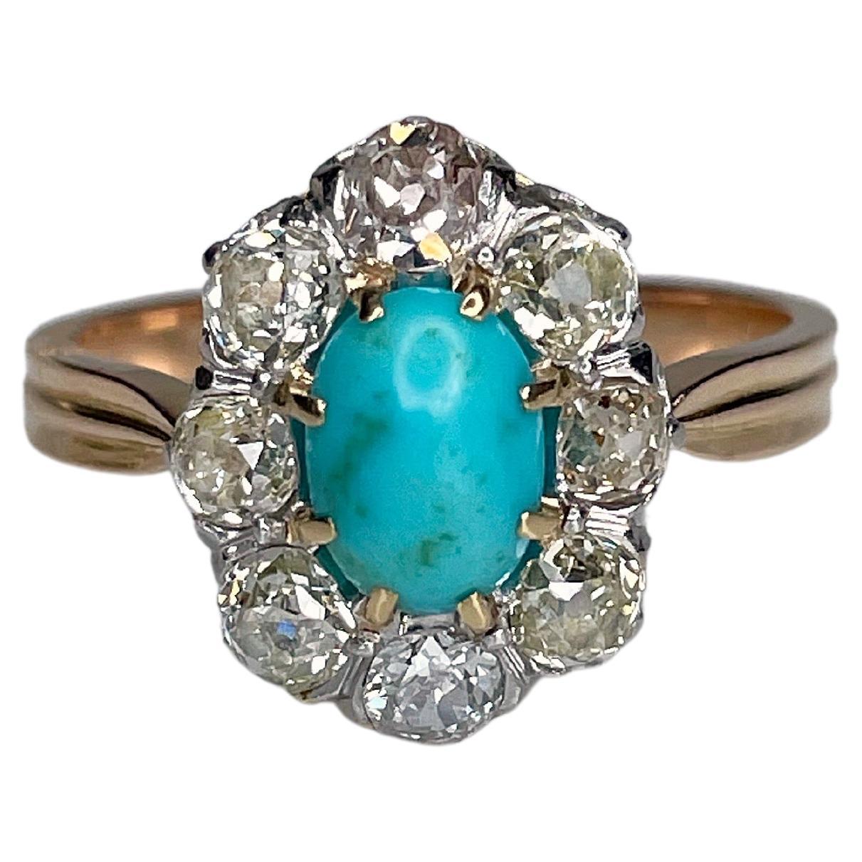 Antique Victorian 18K Gold Platinum Turquoise Old Cut Diamond Cluster Ring