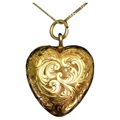 Antique Victorian 18K Gold Puffy Heart Necklace Pendant Locket - c.1890