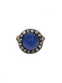 Antique Victorian 18 Karat Gold Pyramid Blue Agate Rose Cut Diamond Cluster Ring