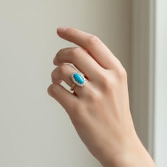 Antique Victorian 18k Gold Ring, Natural Turquoise & Diamond Halo  Circa 1890