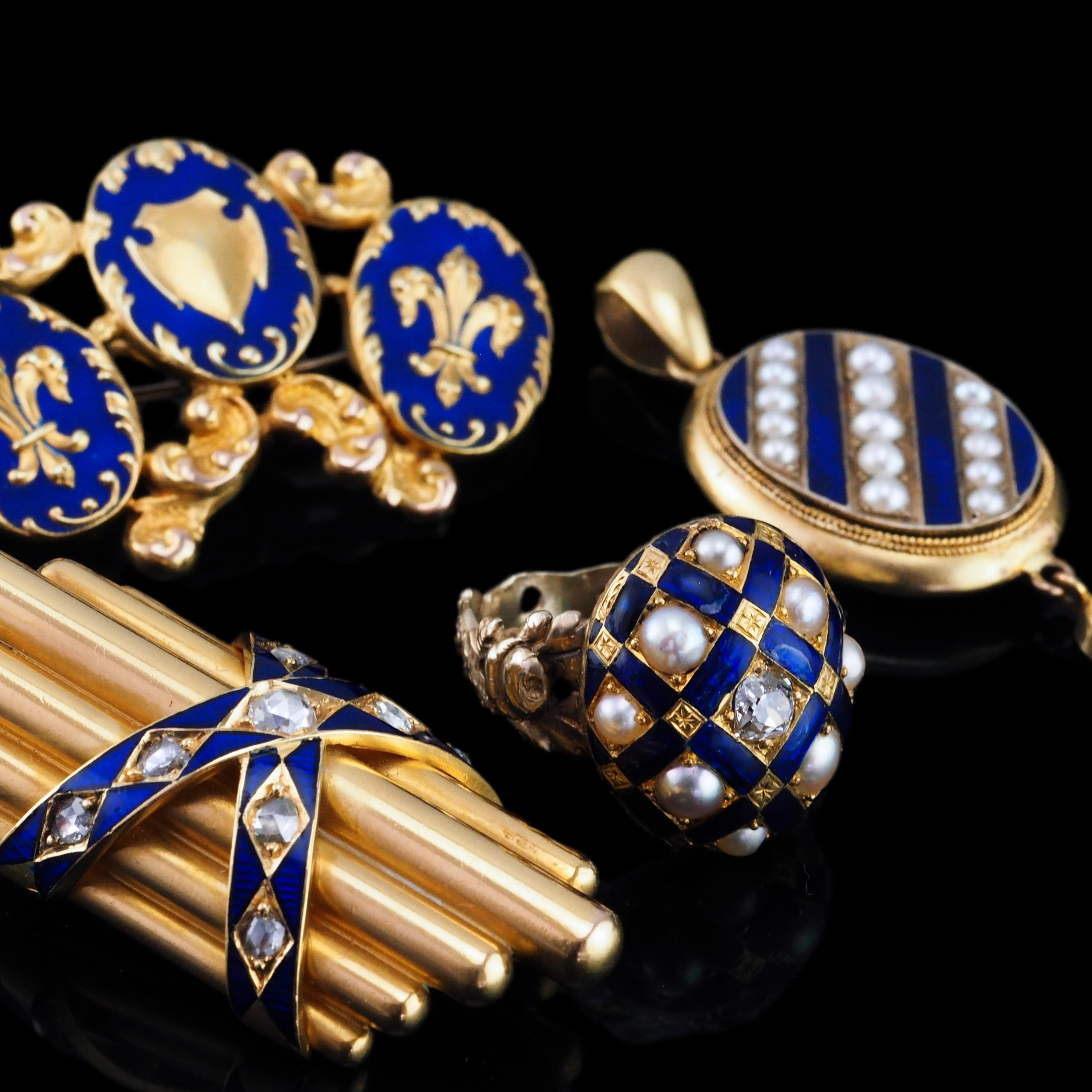 Antique Victorian 18K Gold Rose Cut Diamond & Blue Enamel Pendant - c.1880 For Sale 6