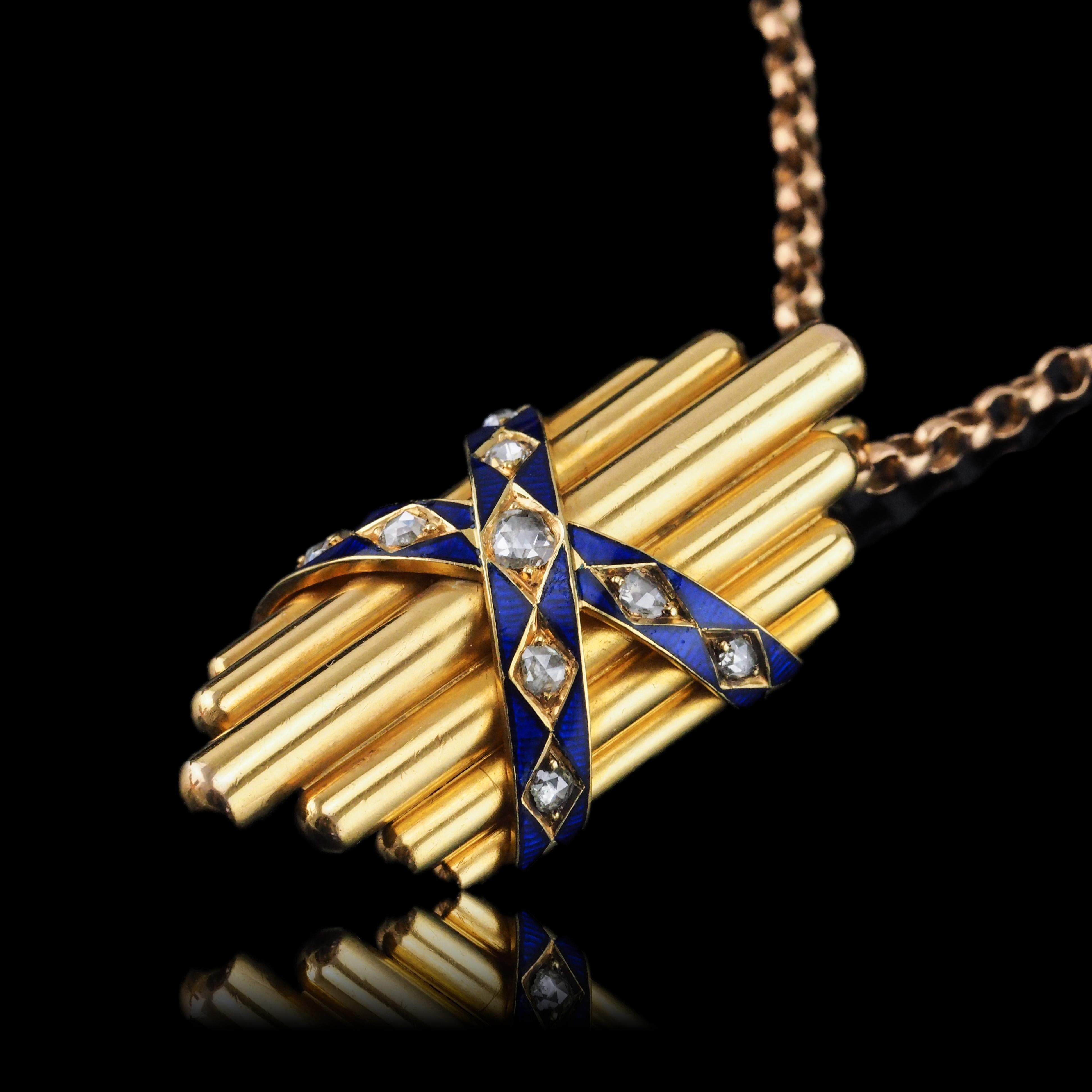 Antique Victorian 18K Gold Rose Cut Diamond & Blue Enamel Pendant - c.1880 For Sale 7