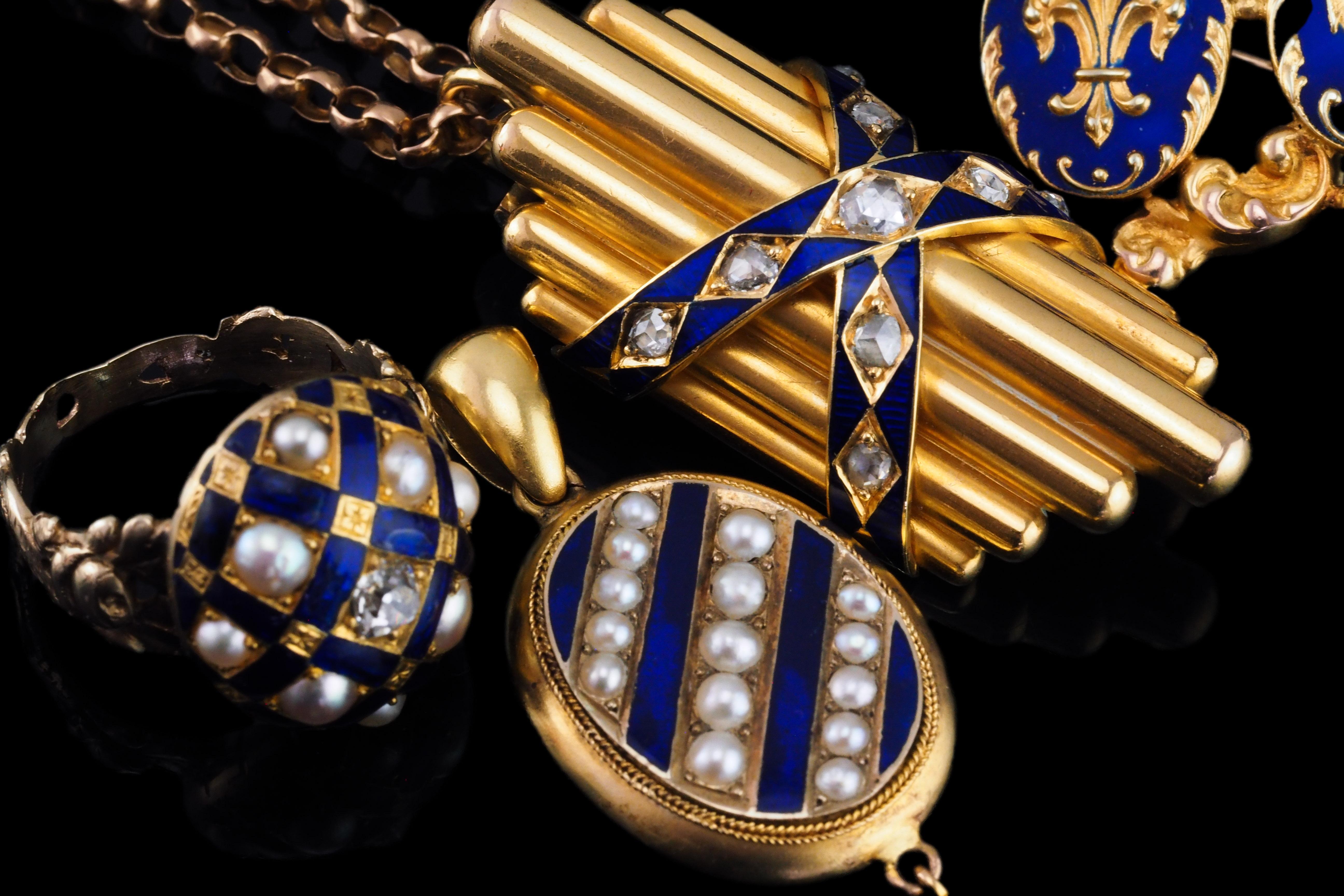 Antique Victorian 18K Gold Rose Cut Diamond & Blue Enamel Pendant - c.1880 For Sale 8