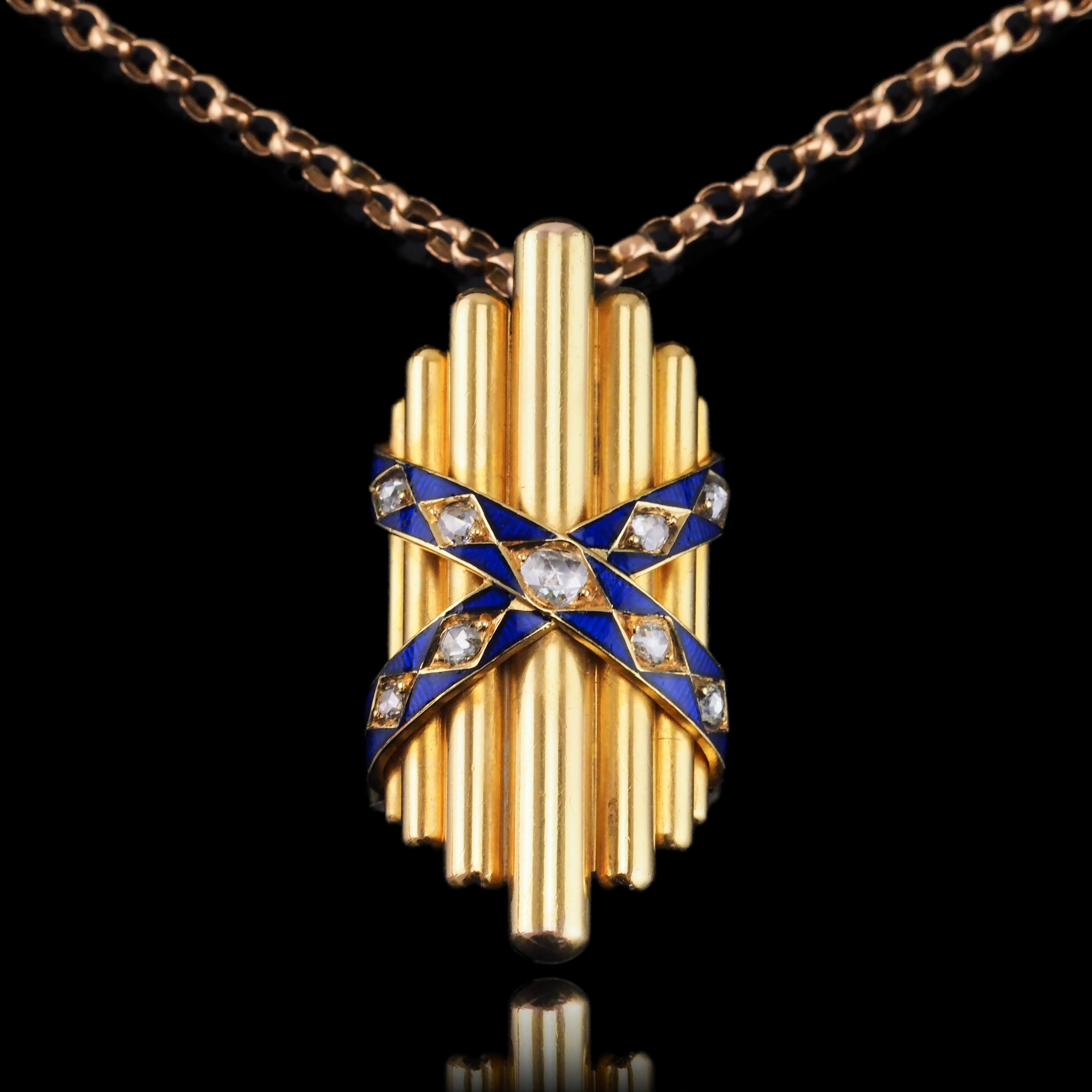 Antique Victorian 18K Gold Rose Cut Diamond & Blue Enamel Pendant - c.1880 For Sale 9