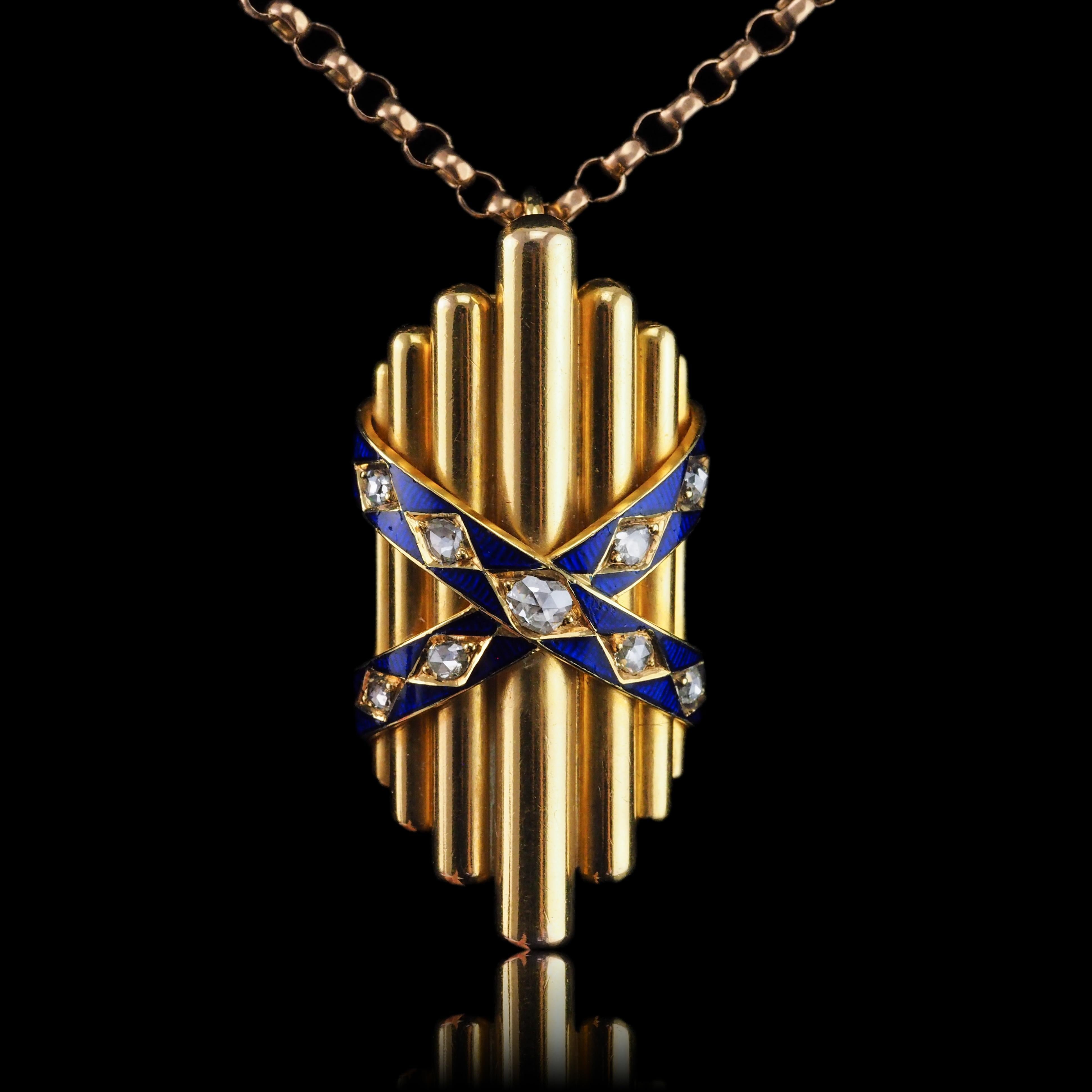 Antique Victorian 18K Gold Rose Cut Diamond & Blue Enamel Pendant - c.1880 For Sale 11