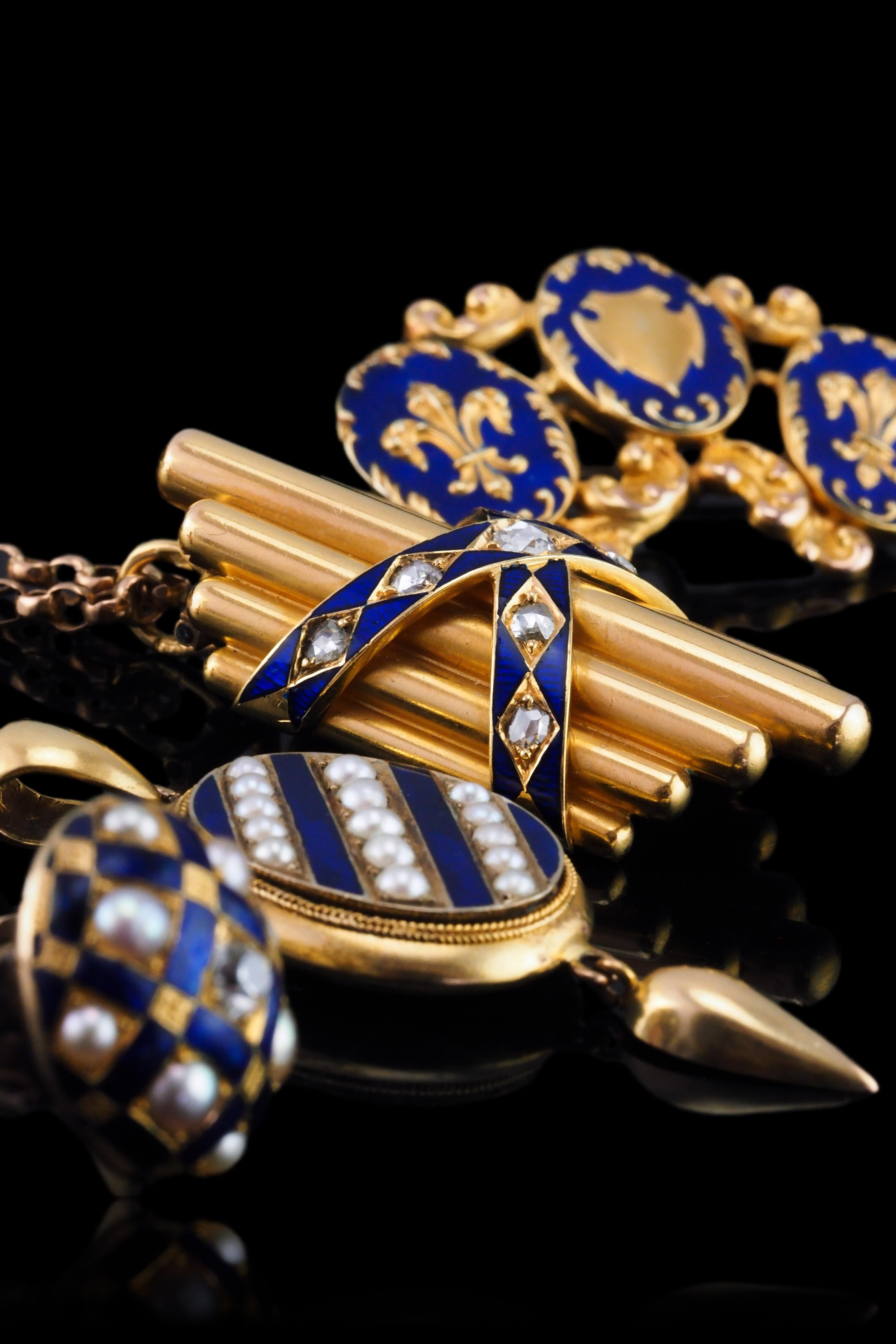 Antique Victorian 18K Gold Rose Cut Diamond & Blue Enamel Pendant - c.1880 For Sale 13