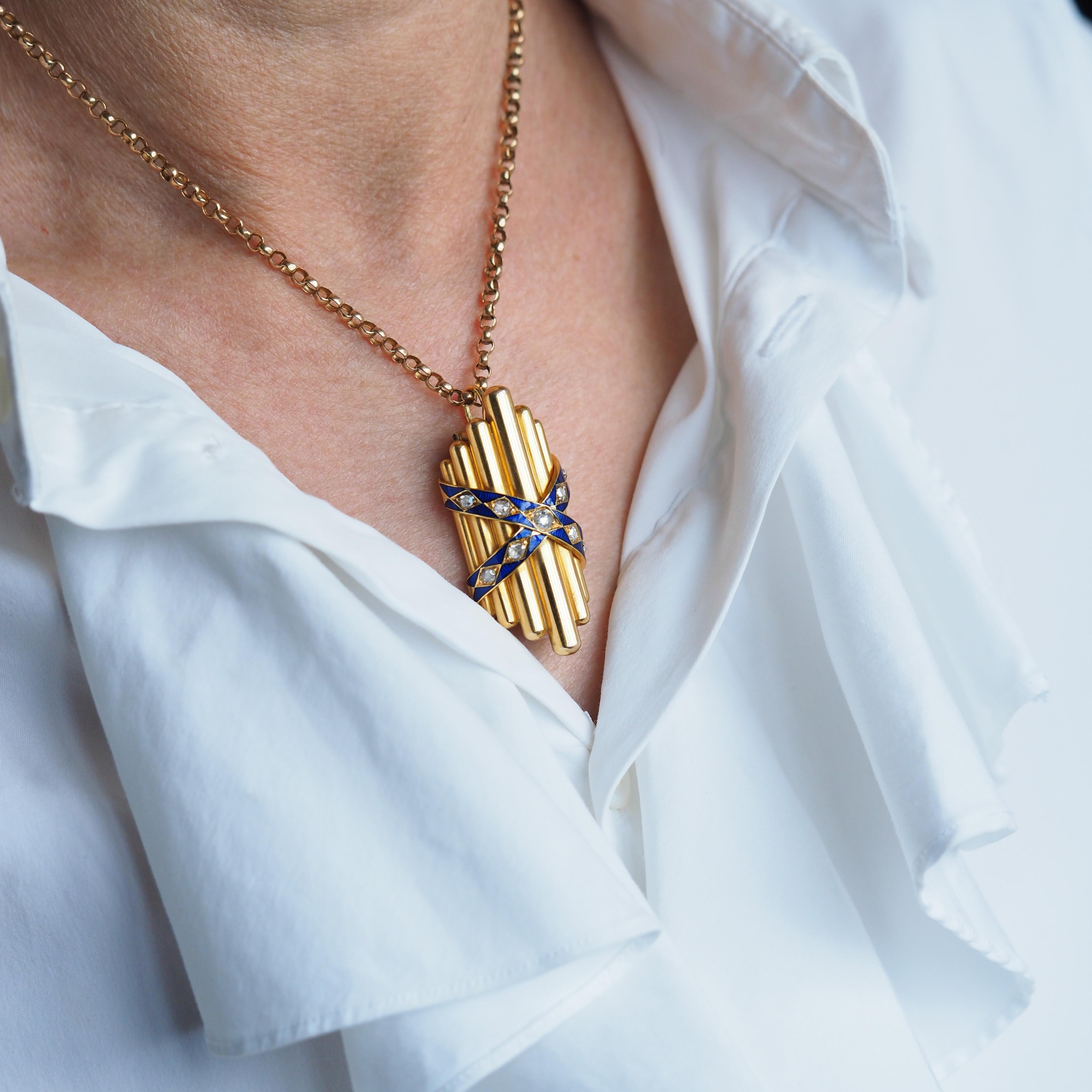 Antique Victorian 18K Gold Rose Cut Diamond & Blue Enamel Pendant - c.1880 For Sale 14
