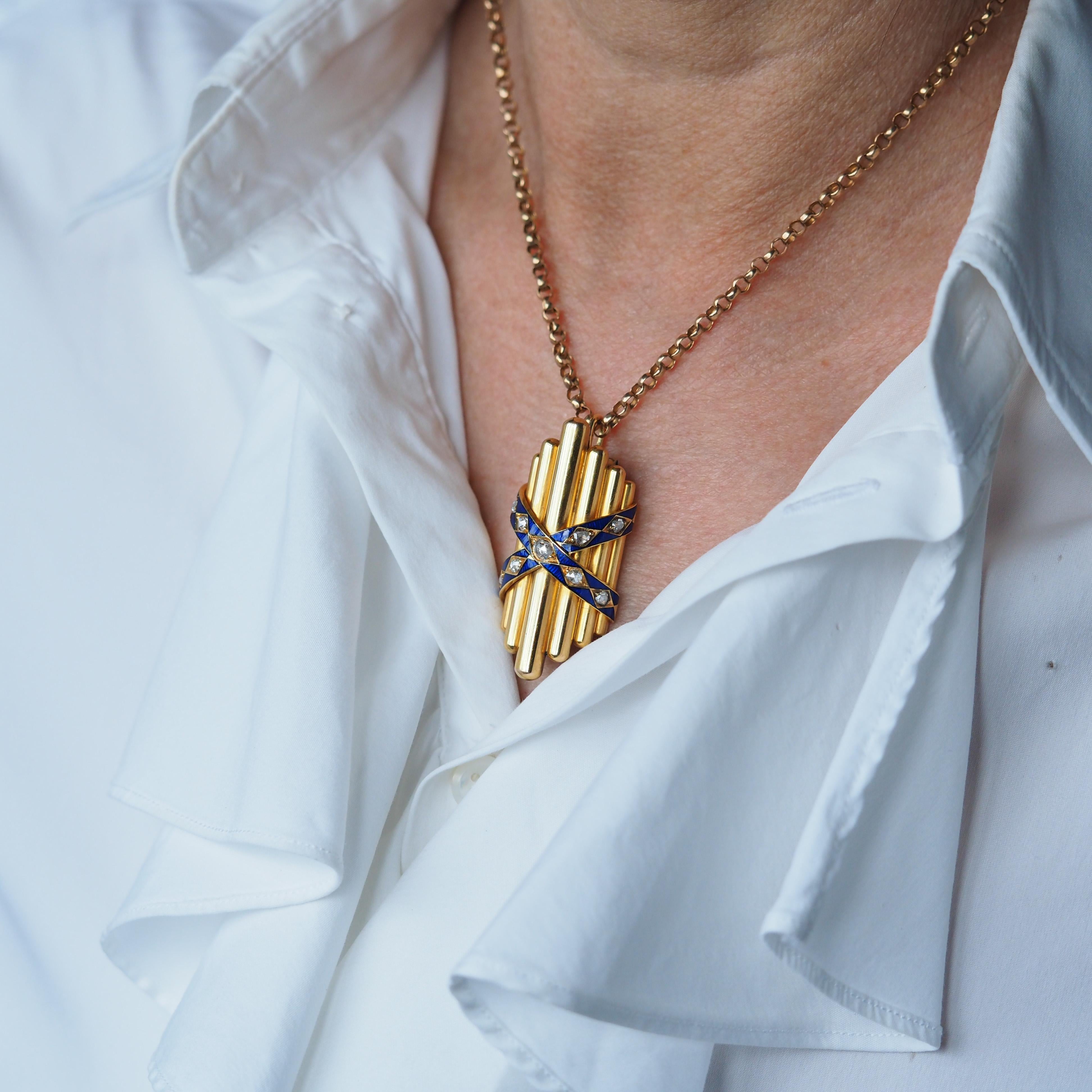 Antique Victorian 18K Gold Rose Cut Diamond & Blue Enamel Pendant - c.1880 For Sale 16