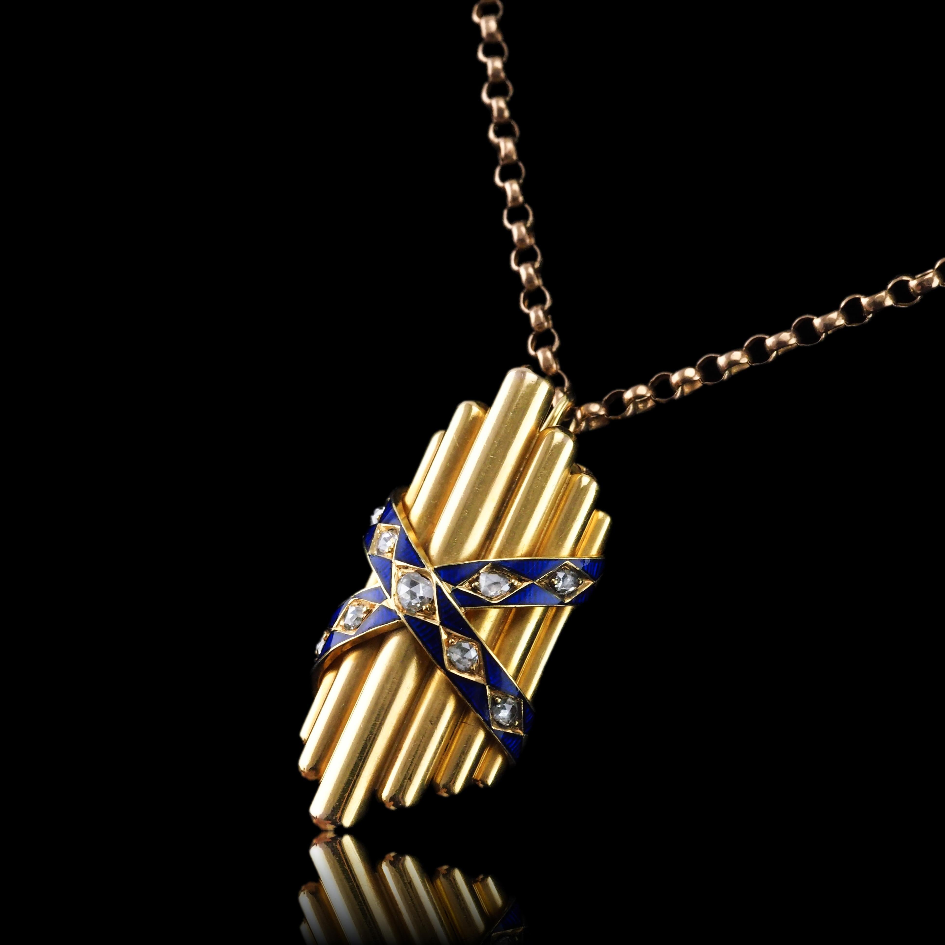 Antique Victorian 18K Gold Rose Cut Diamond & Blue Enamel Pendant - c.1880 In Good Condition For Sale In London, GB