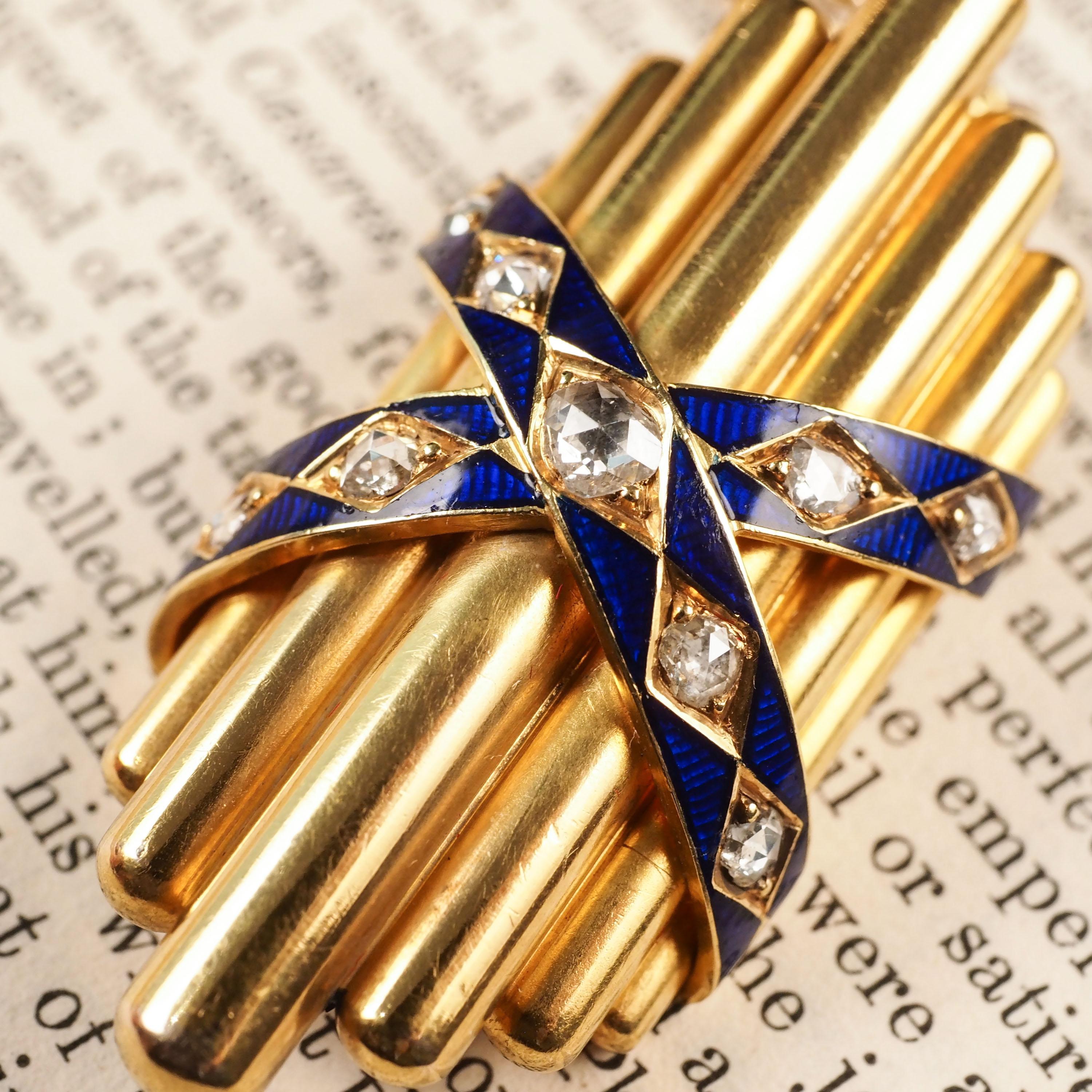 Antiker viktorianischer Anhänger aus 18 Karat Gold mit Diamanten im Rosenschliff und blauer Emaille, um 1880 im Zustand „Gut“ im Angebot in London, GB