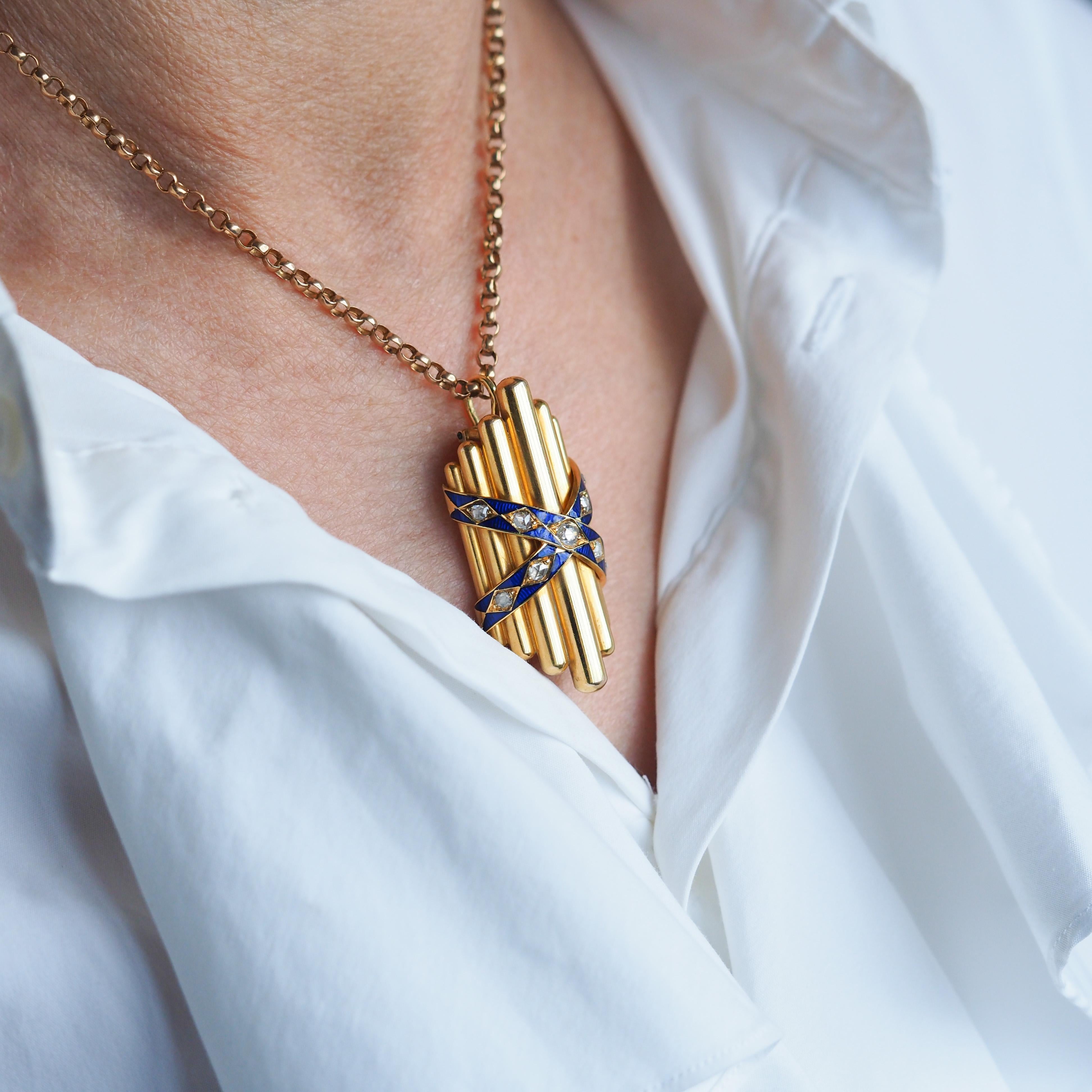 Women's Antique Victorian 18K Gold Rose Cut Diamond & Blue Enamel Pendant - c.1880 For Sale