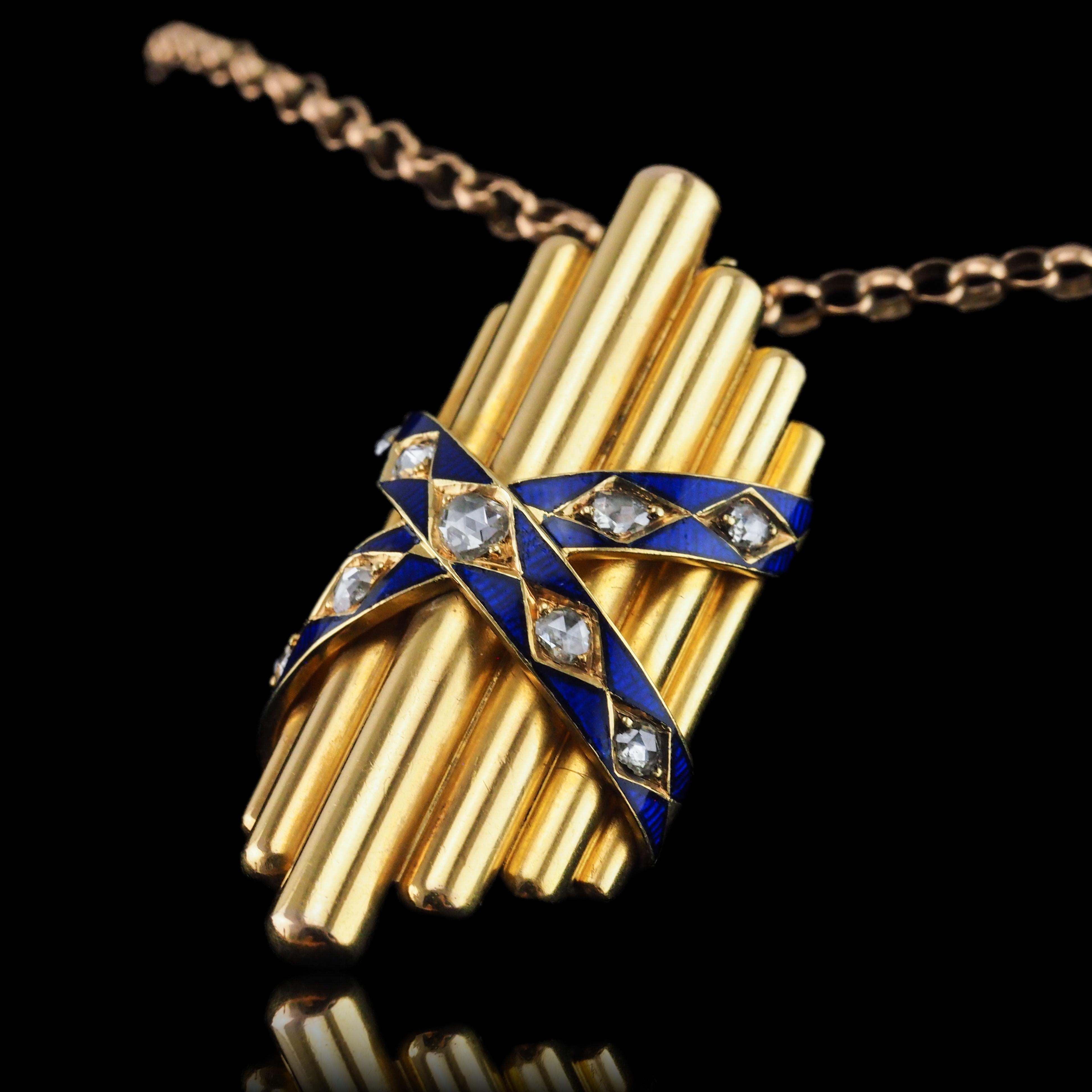 Antique Victorian 18K Gold Rose Cut Diamond & Blue Enamel Pendant - c.1880 For Sale 1