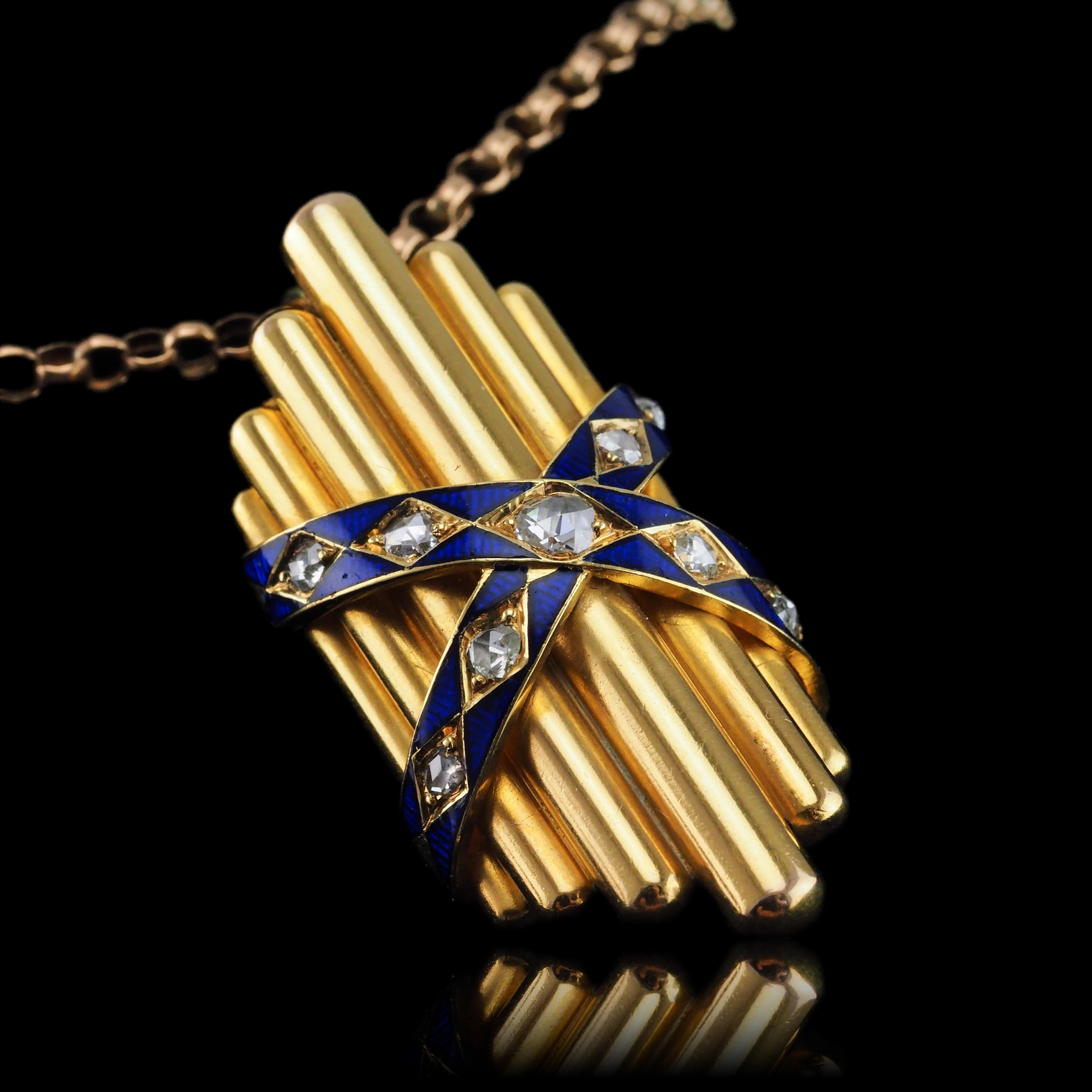 Antique Victorian 18K Gold Rose Cut Diamond & Blue Enamel Pendant - c.1880 For Sale 2