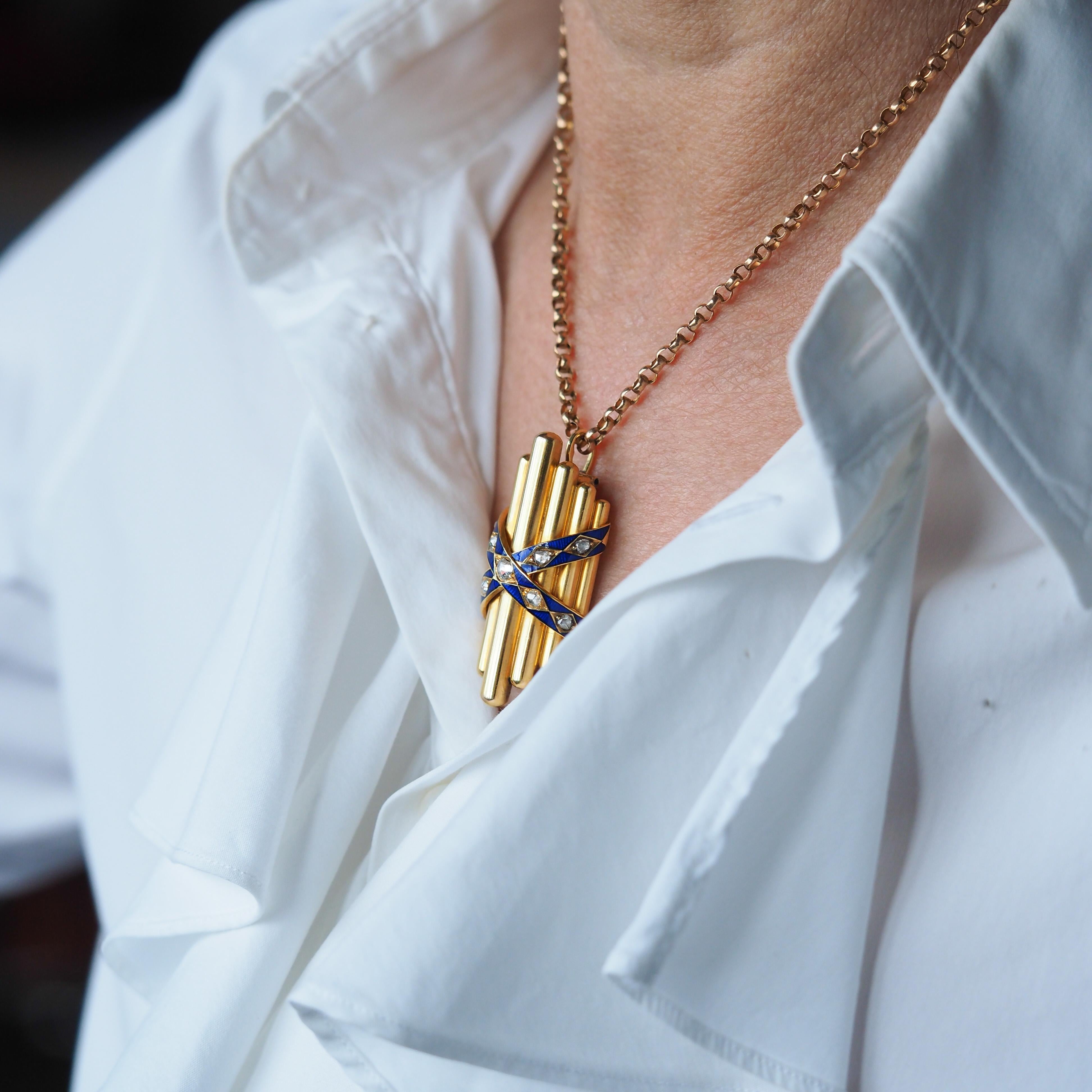Antique Victorian 18K Gold Rose Cut Diamond & Blue Enamel Pendant - c.1880 For Sale 3