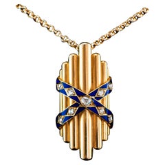Antiker viktorianischer Anhänger aus 18 Karat Gold mit Diamanten im Rosenschliff und blauer Emaille, um 1880