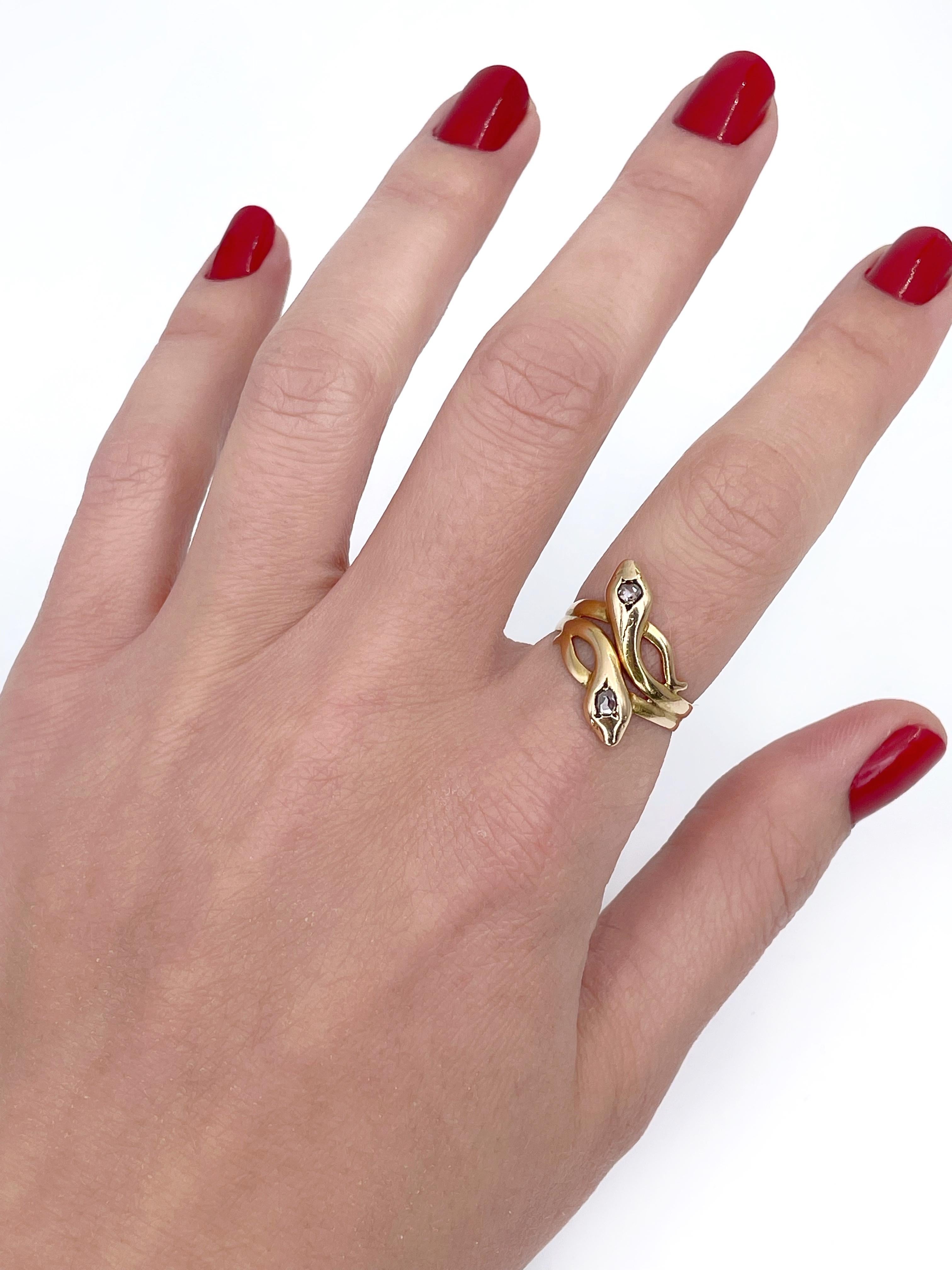 Antique Victorian 18 Karat Gold Rose Cut Diamond Double Snake Ring In Good Condition In Vilnius, Vilniaus apskr.