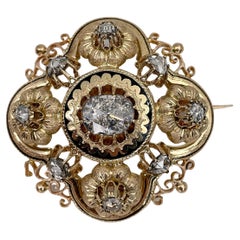 Antique Victorian 18 Karat Gold Rose Cut Diamond Enamel Brooch